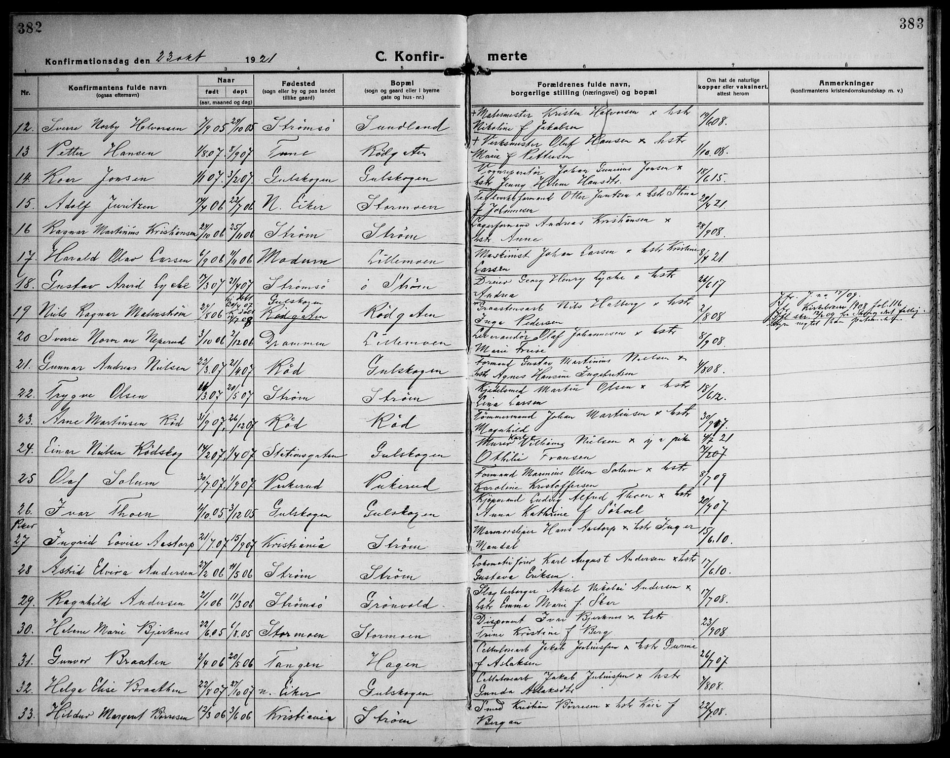 Strømsgodset kirkebøker, SAKO/A-324/F/Fa/L0003: Parish register (official) no. 3, 1920-1936, p. 382-383