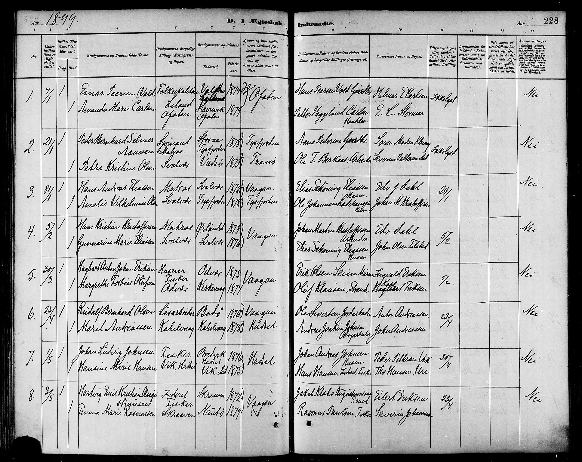 Ministerialprotokoller, klokkerbøker og fødselsregistre - Nordland, SAT/A-1459/874/L1060: Parish register (official) no. 874A04, 1890-1899, p. 228