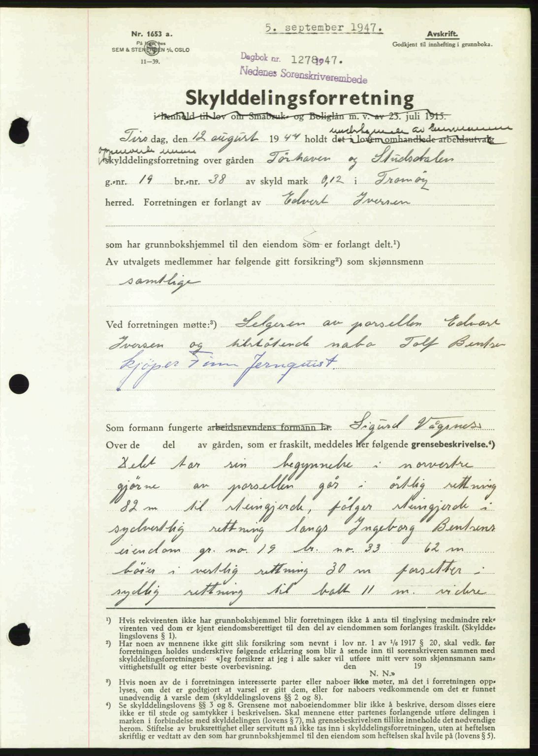 Nedenes sorenskriveri, AV/SAK-1221-0006/G/Gb/Gba/L0058: Mortgage book no. A10, 1947-1948, Diary no: : 1278/1947