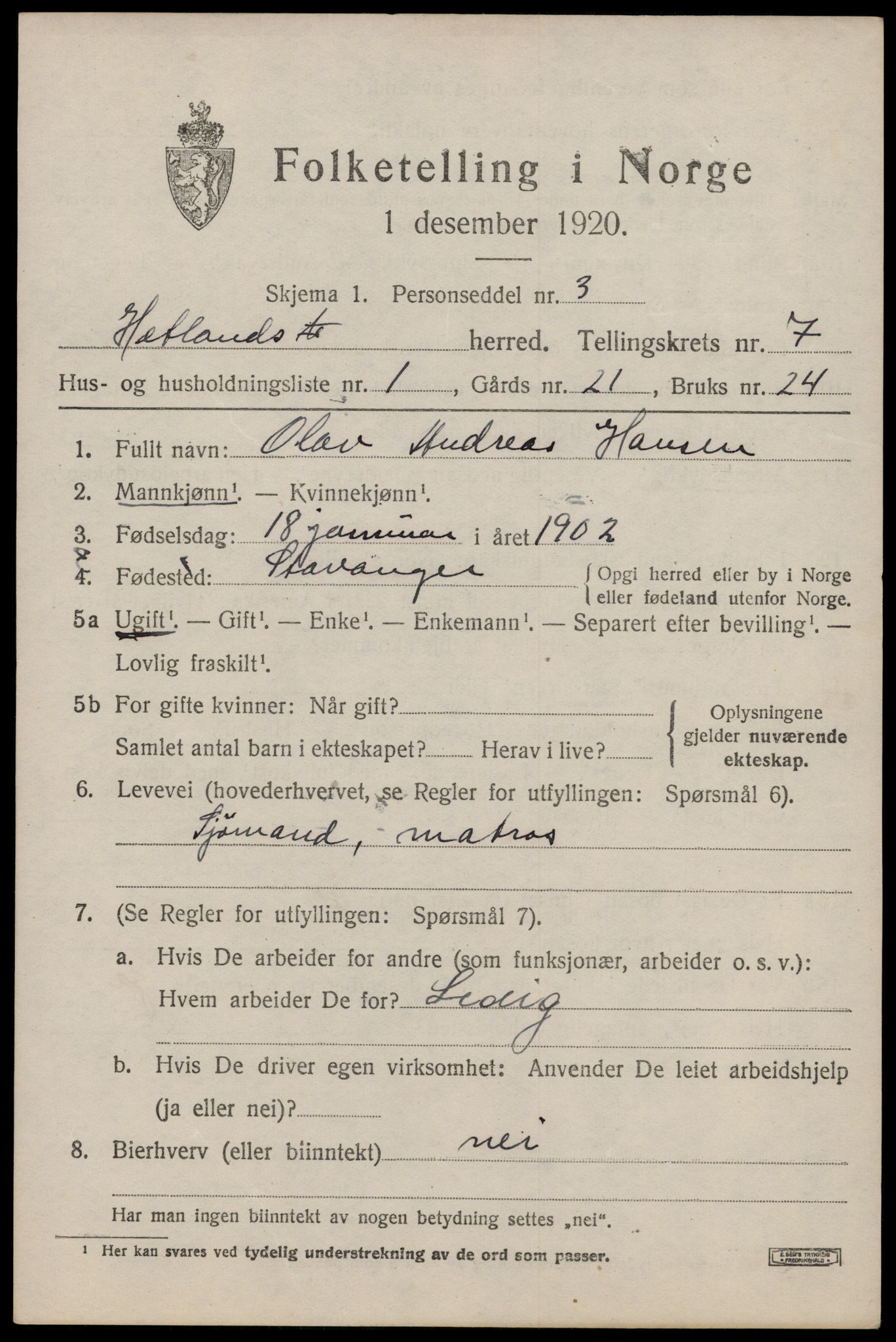 SAST, 1920 census for Hetland, 1920, p. 13891