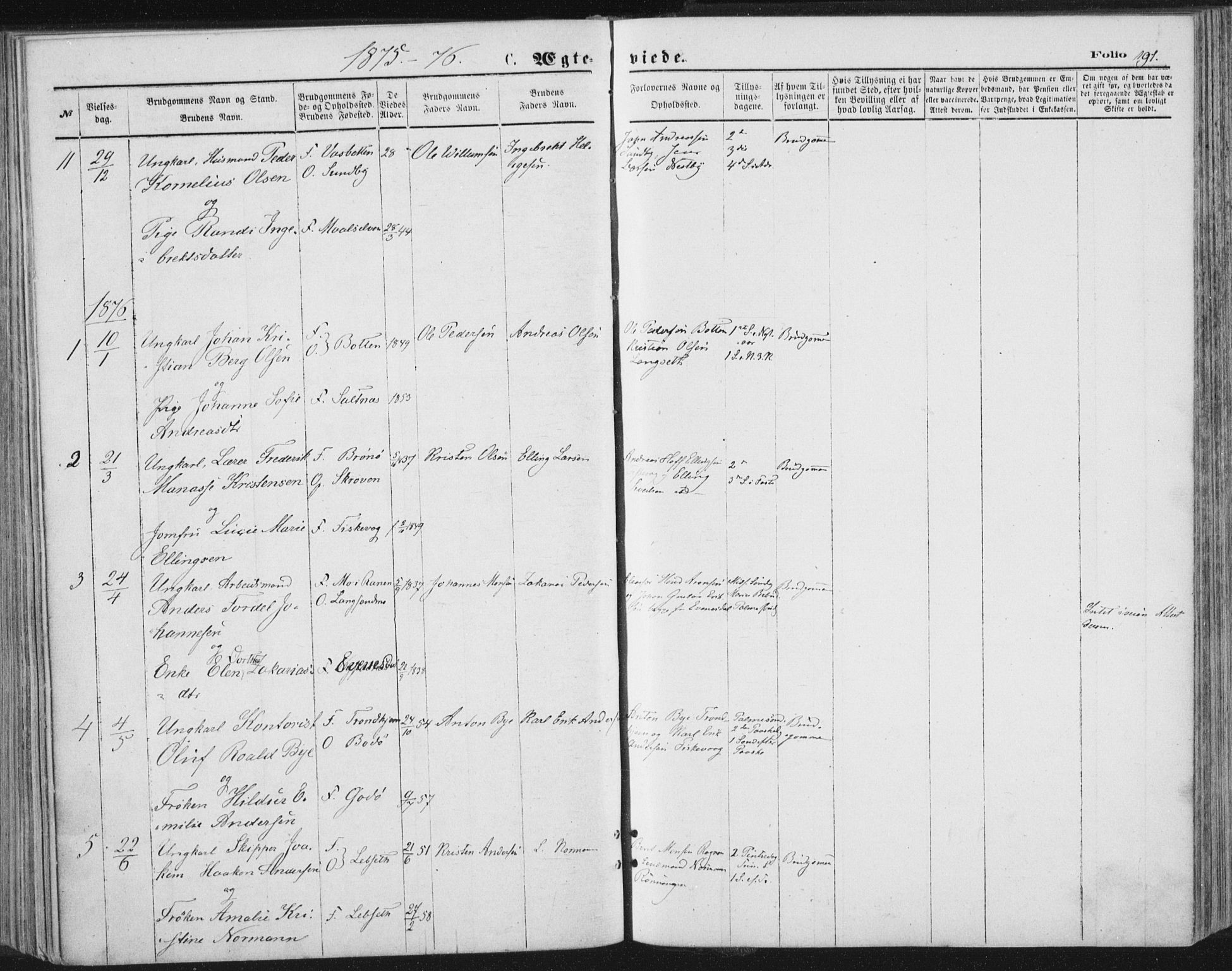 Ministerialprotokoller, klokkerbøker og fødselsregistre - Nordland, AV/SAT-A-1459/847/L0668: Parish register (official) no. 847A08, 1872-1886, p. 191