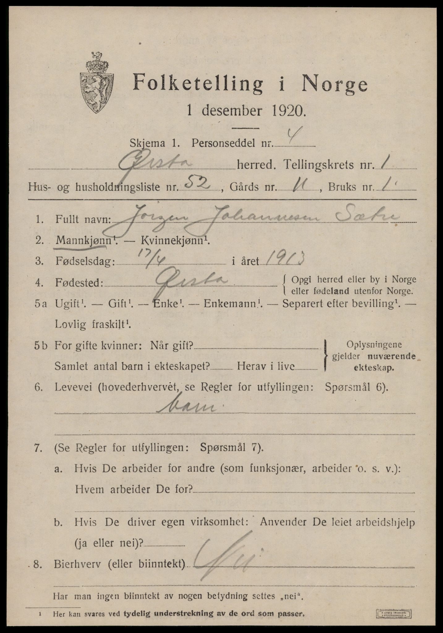 SAT, 1920 census for Ørsta, 1920, p. 1722