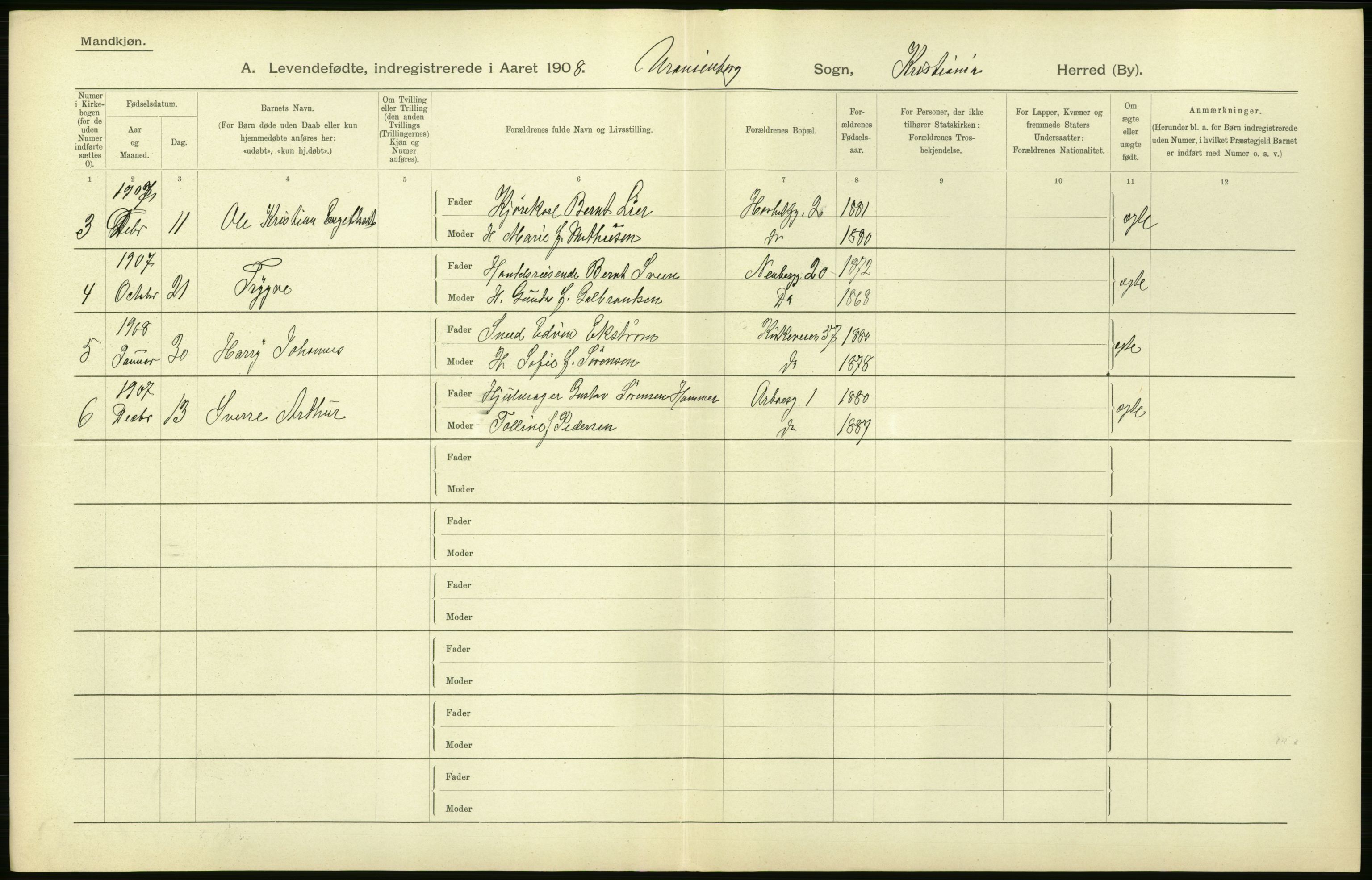 Statistisk sentralbyrå, Sosiodemografiske emner, Befolkning, AV/RA-S-2228/D/Df/Dfa/Dfaf/L0005: Kristiania: Levendefødte menn og kvinner., 1908, p. 340