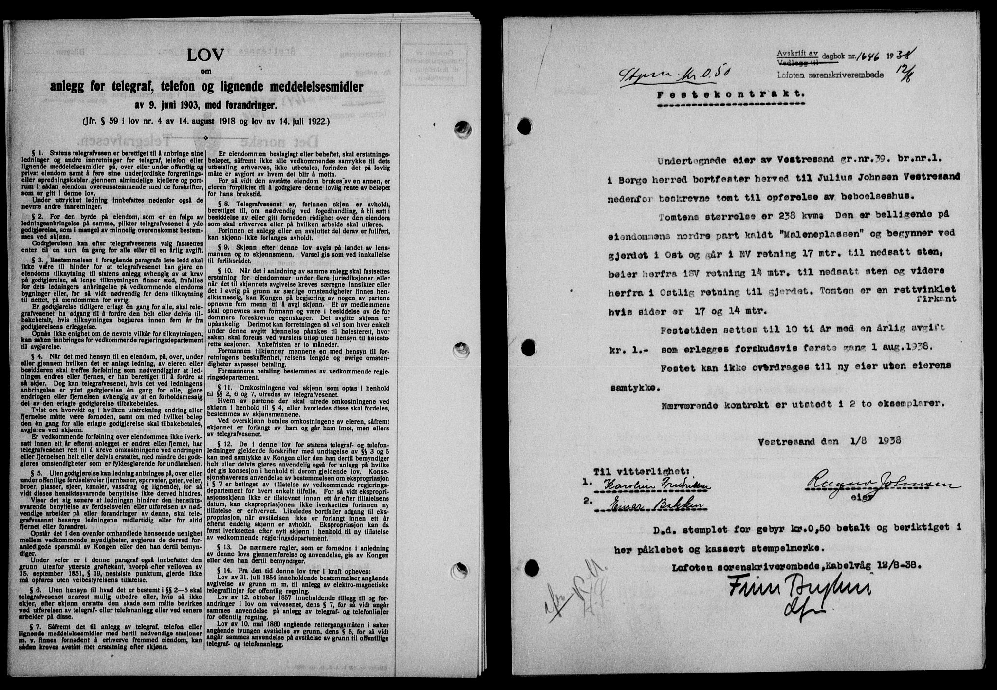 Lofoten sorenskriveri, SAT/A-0017/1/2/2C/L0004a: Mortgage book no. 4a, 1938-1938, Diary no: : 1646/1938