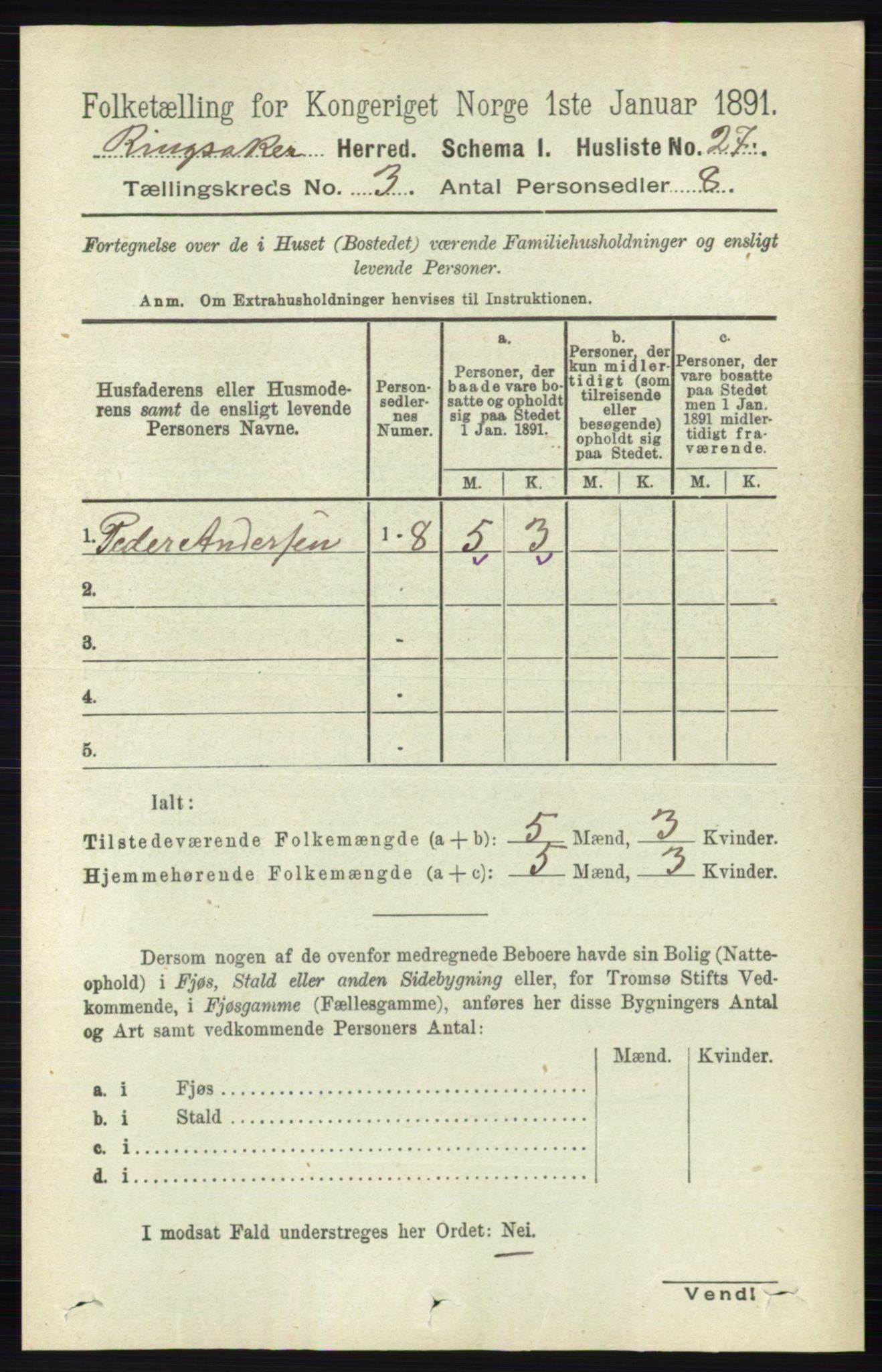 RA, 1891 census for 0412 Ringsaker, 1891, p. 1188
