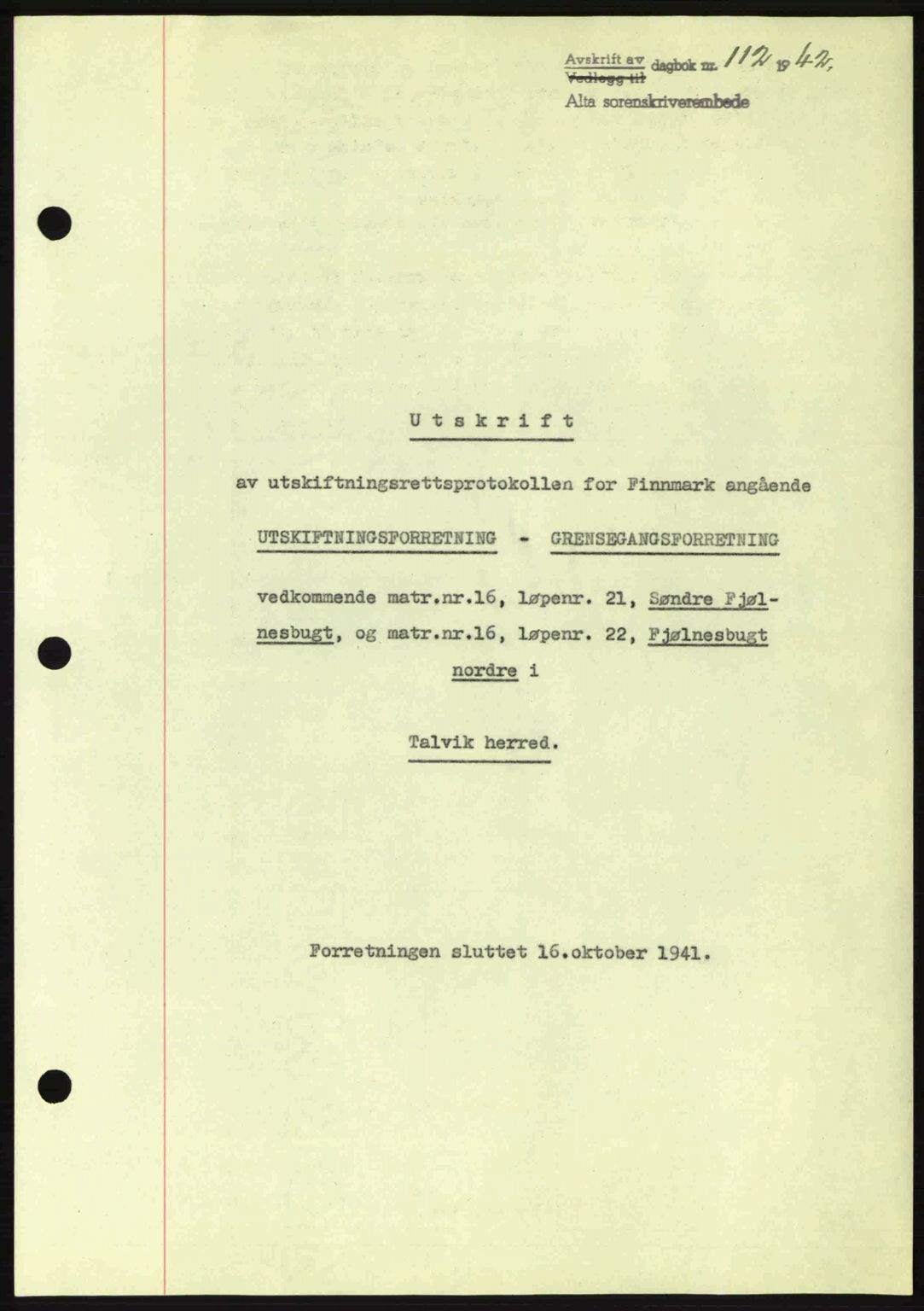 Alta fogderi/sorenskriveri, SATØ/SATØ-5/1/K/Kd/L0033pantebok: Mortgage book no. 33, 1940-1943, Diary no: : 112/1942