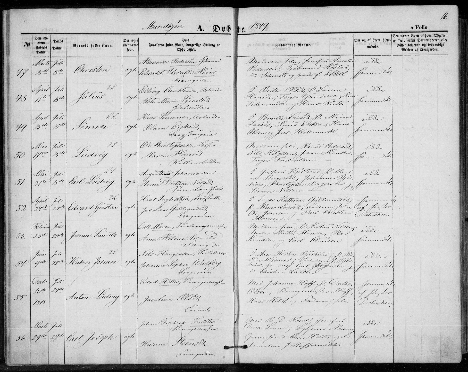 Bragernes kirkebøker, SAKO/A-6/F/Fb/L0002: Parish register (official) no. II 2, 1848-1859, p. 16