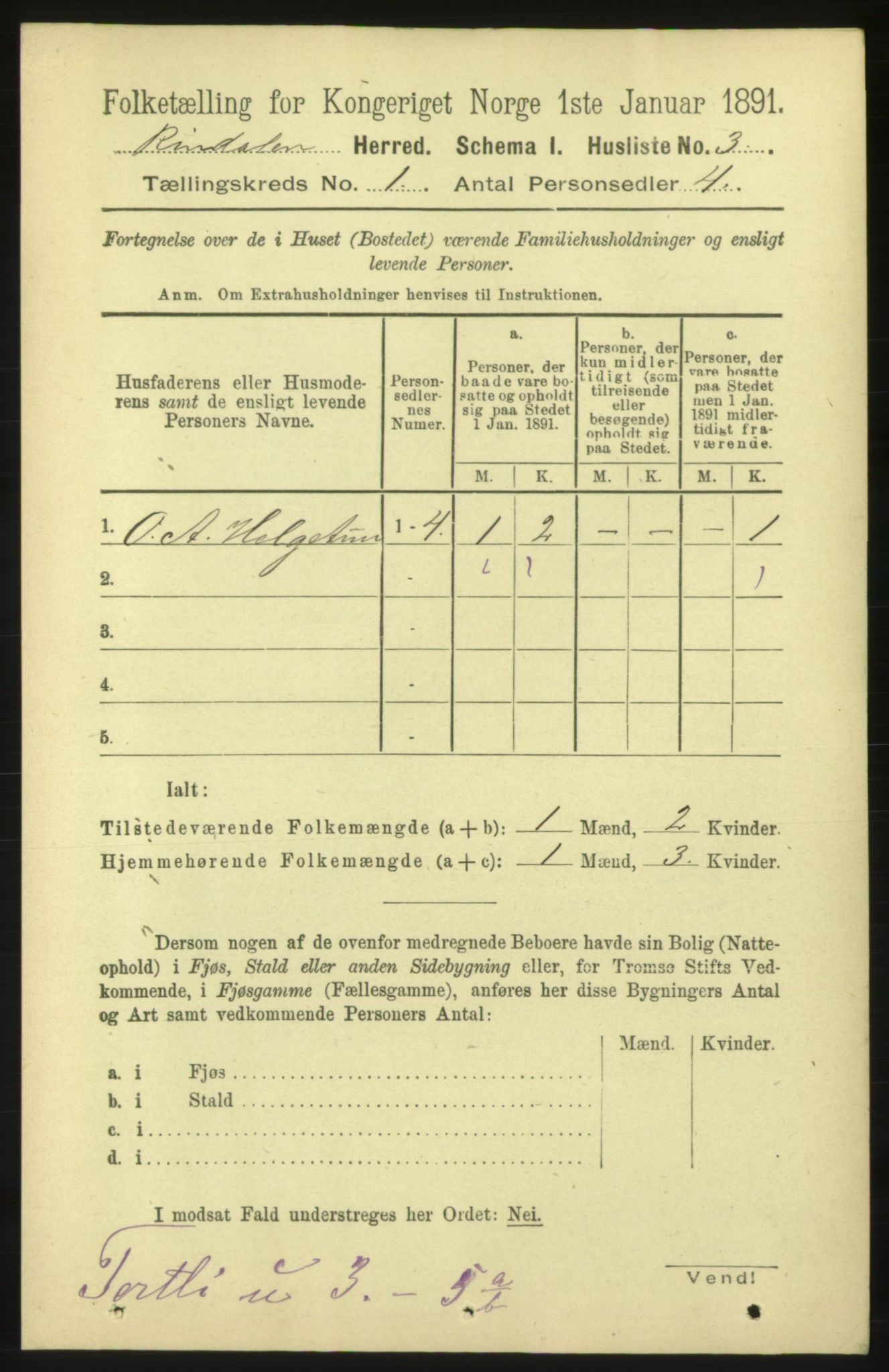 RA, 1891 census for 1567 Rindal, 1891, p. 26