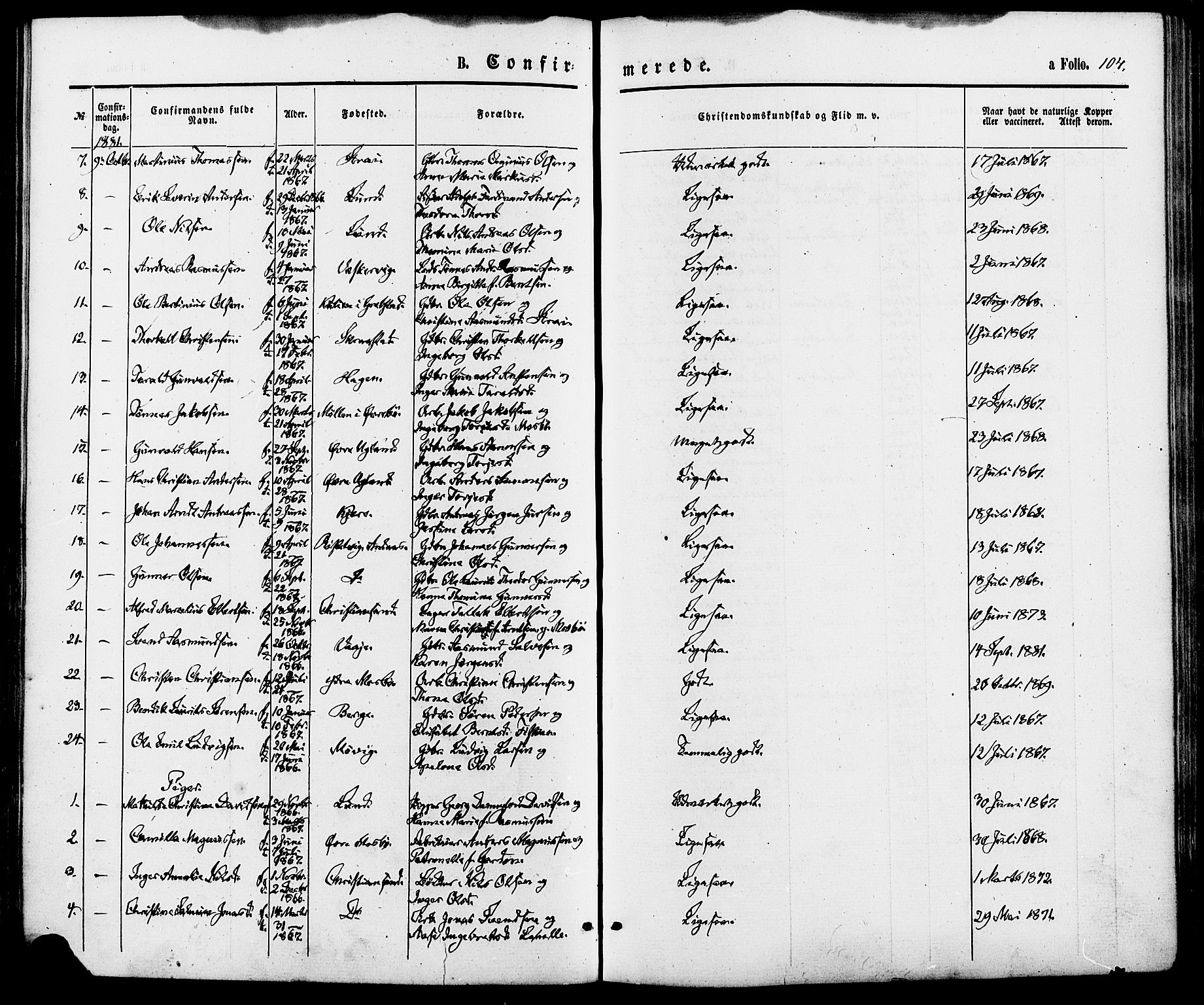 Oddernes sokneprestkontor, AV/SAK-1111-0033/F/Fa/Fab/L0001: Parish register (official) no. A 1, 1865-1884, p. 104