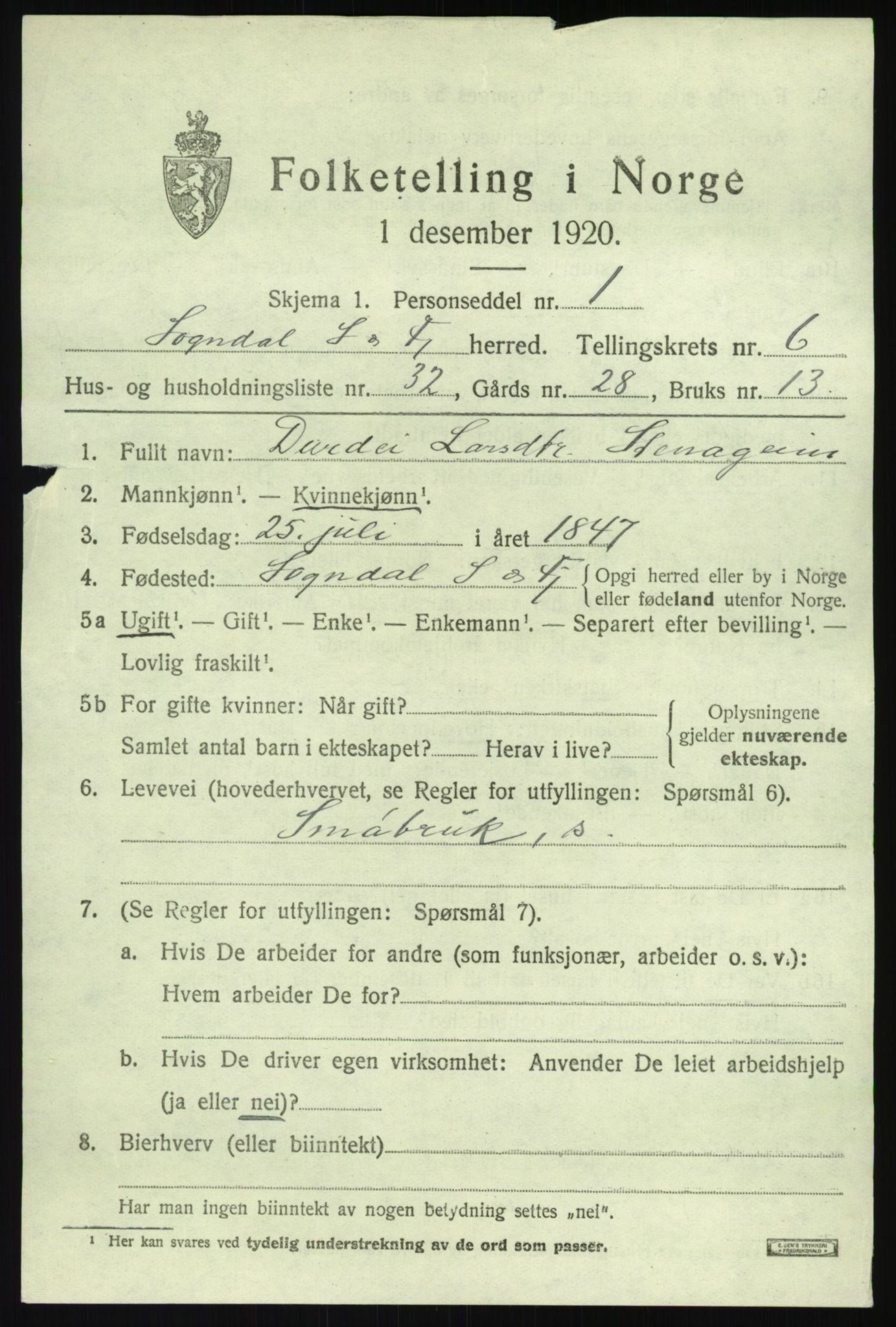 SAB, 1920 census for Sogndal, 1920, p. 3385