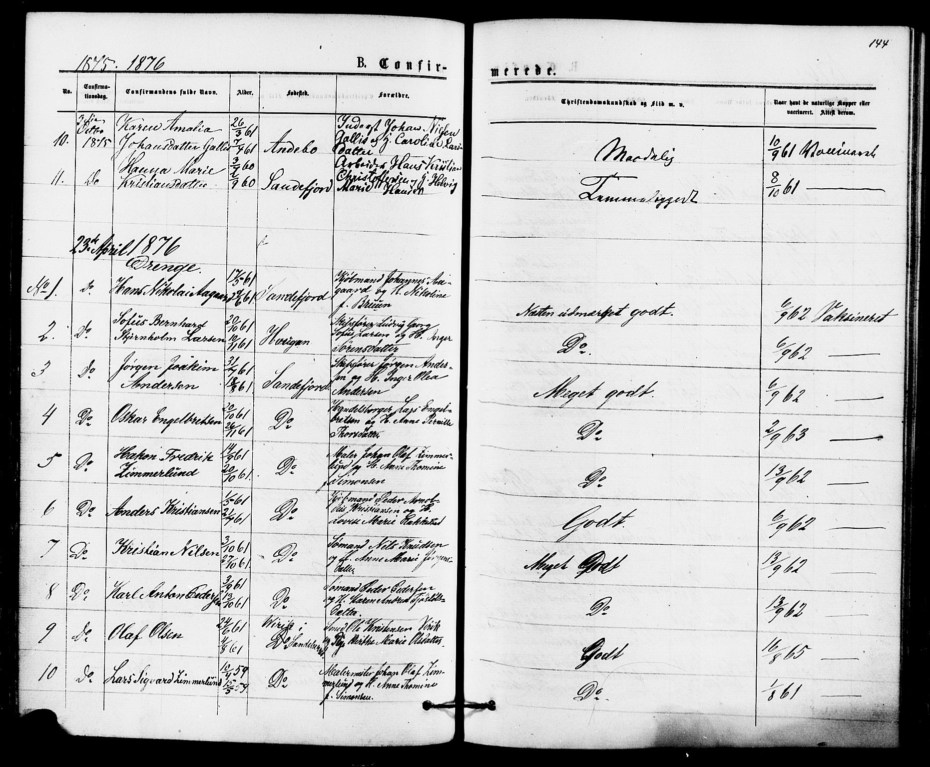 Sandefjord kirkebøker, SAKO/A-315/F/Fa/L0001: Parish register (official) no. 1, 1873-1879, p. 144