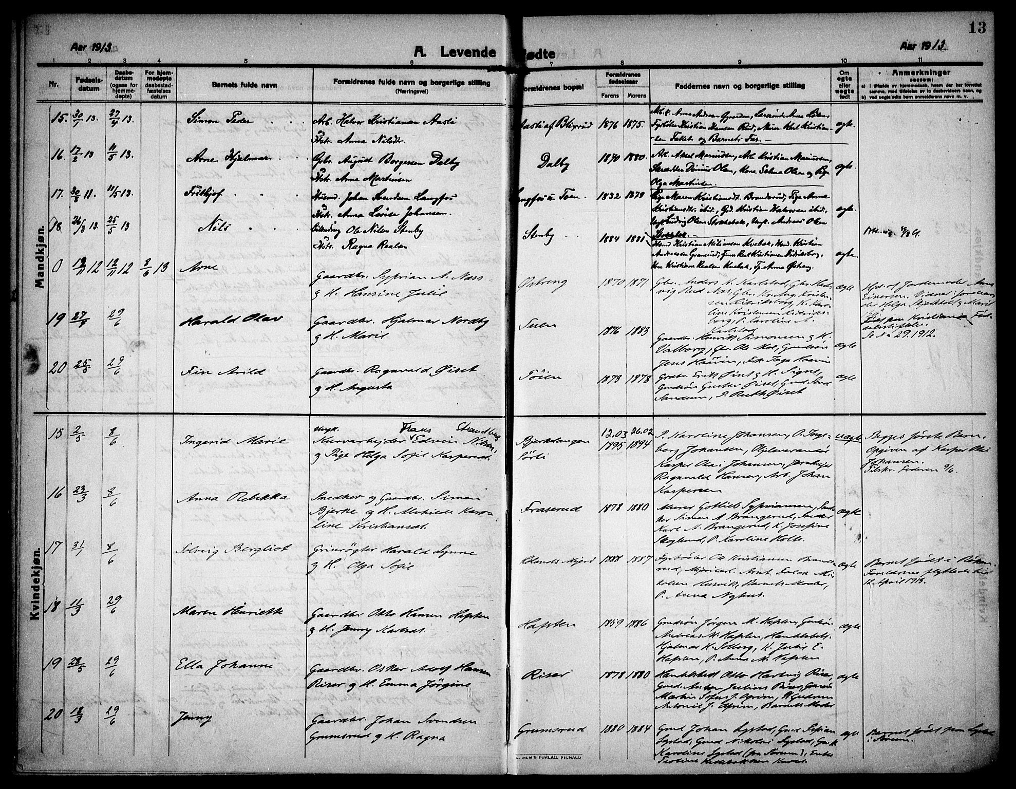 Høland prestekontor Kirkebøker, AV/SAO-A-10346a/F/Fa/L0016: Parish register (official) no. I 16, 1912-1921, p. 13