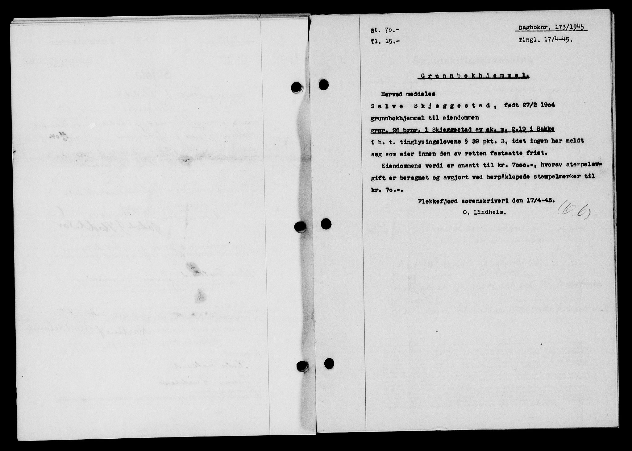 Flekkefjord sorenskriveri, SAK/1221-0001/G/Gb/Gba/L0059: Mortgage book no. A-7, 1944-1945, Diary no: : 173/1945