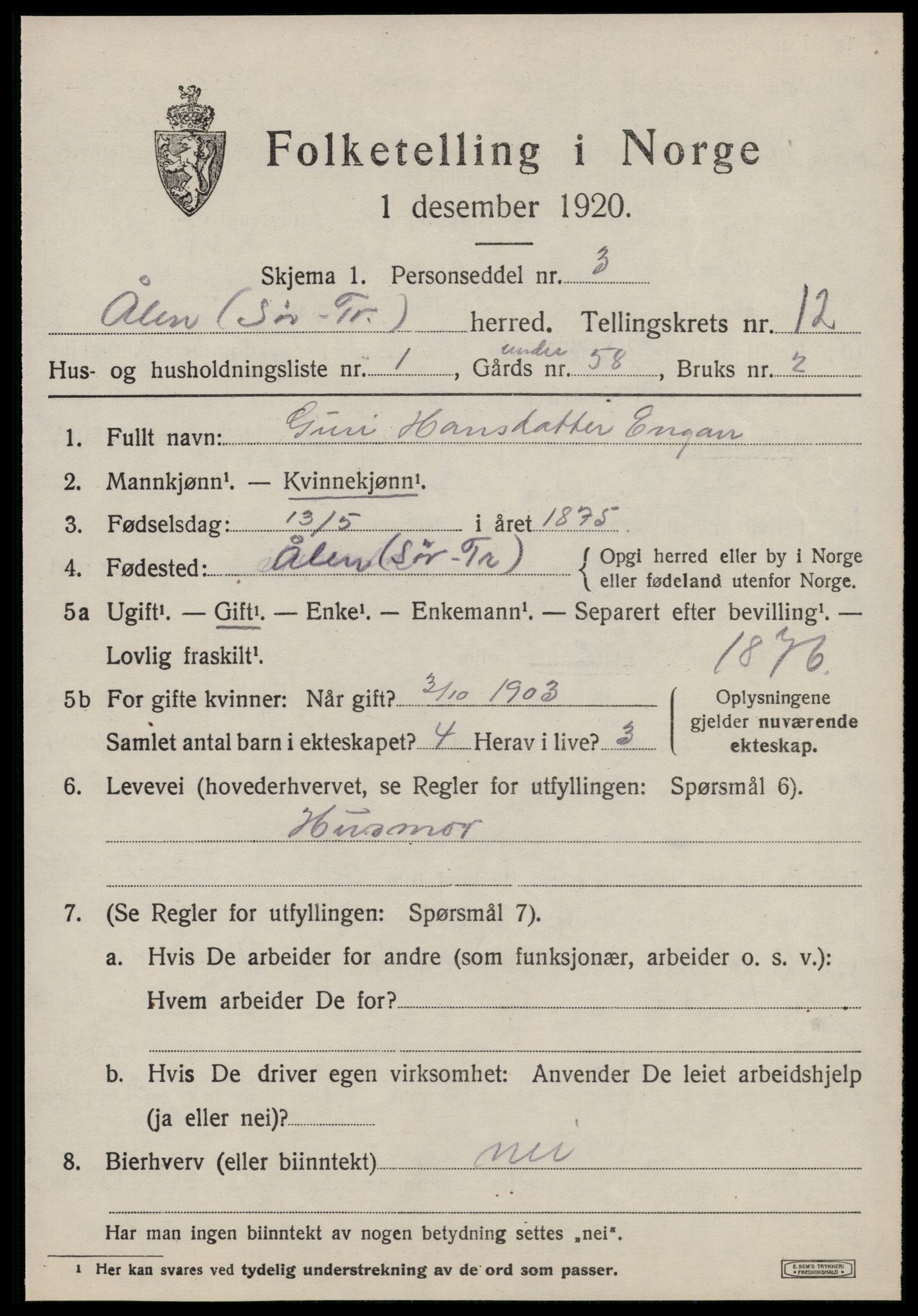 SAT, 1920 census for Ålen, 1920, p. 5724