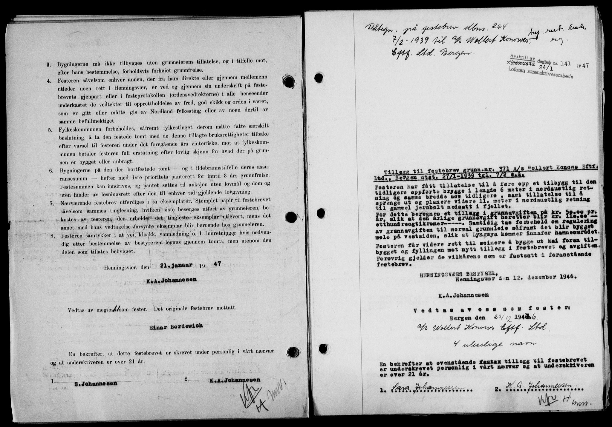 Lofoten sorenskriveri, SAT/A-0017/1/2/2C/L0015a: Mortgage book no. 15a, 1946-1947, Diary no: : 141/1947