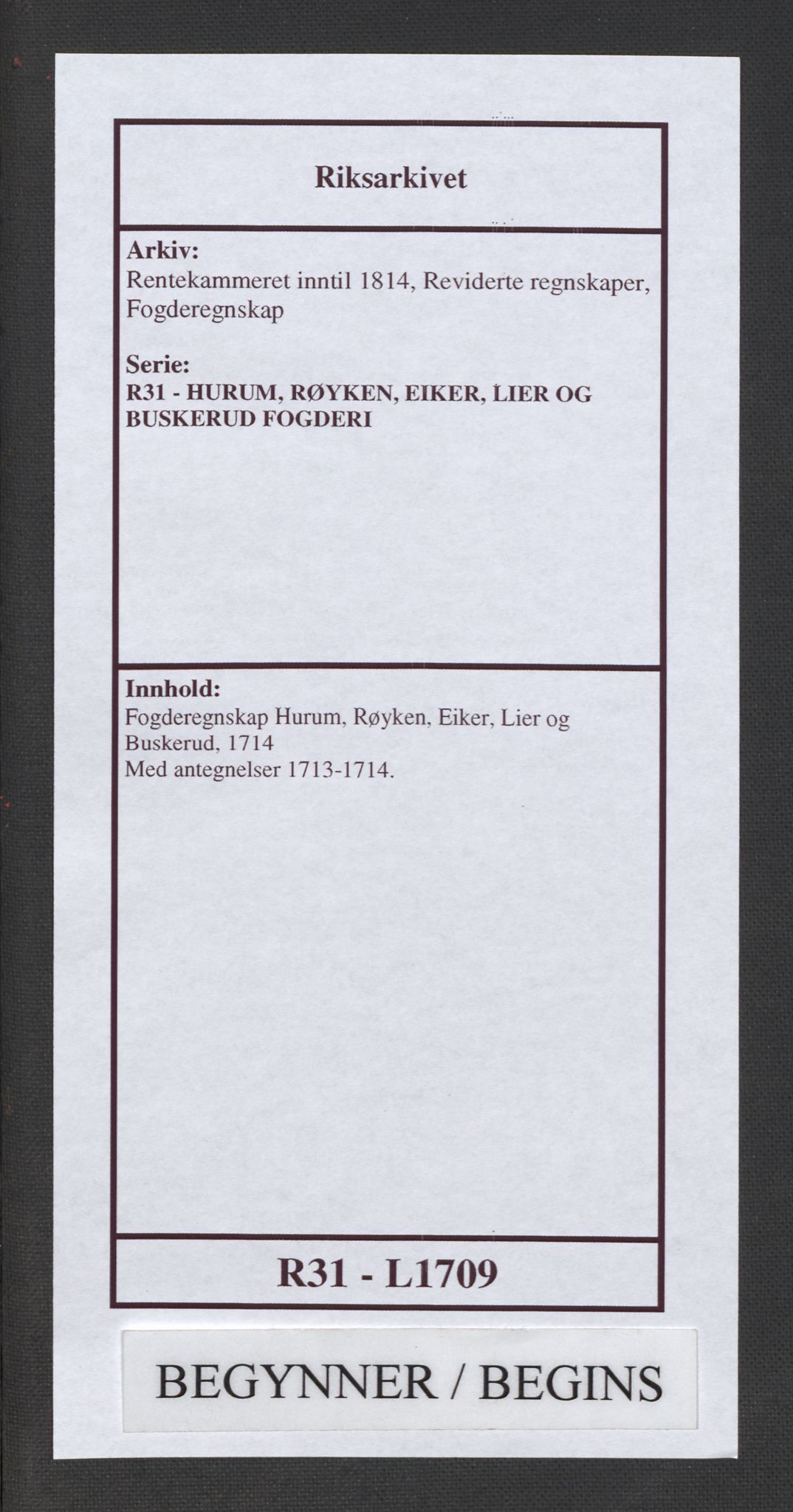 Rentekammeret inntil 1814, Reviderte regnskaper, Fogderegnskap, AV/RA-EA-4092/R31/L1709: Fogderegnskap Hurum, Røyken, Eiker, Lier og Buskerud, 1714, p. 1