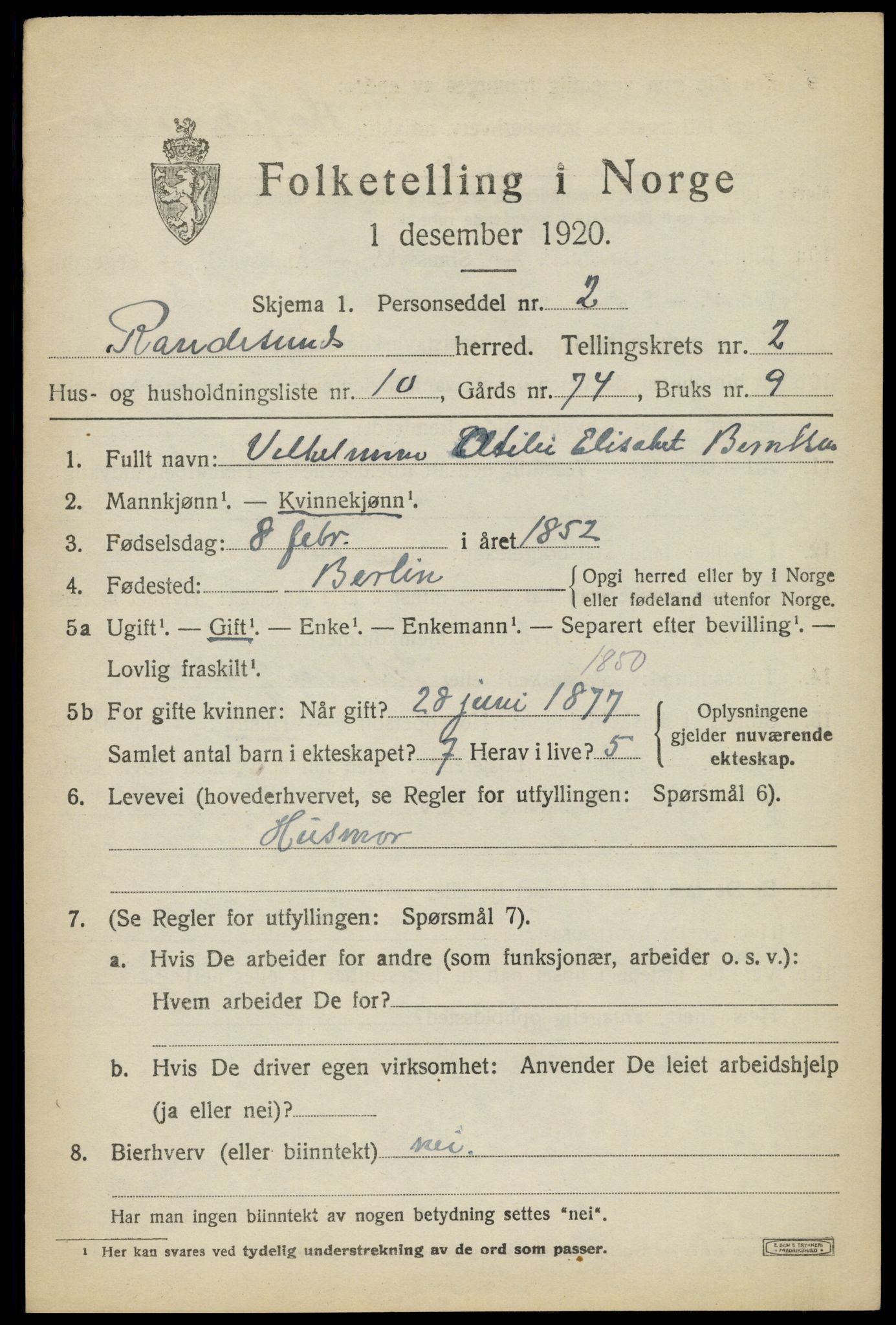 SAK, 1920 census for Randesund, 1920, p. 1176