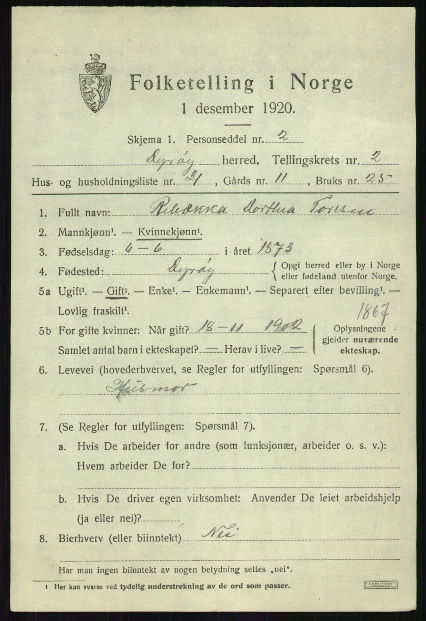 SATØ, 1920 census for Dyrøy, 1920, p. 1651