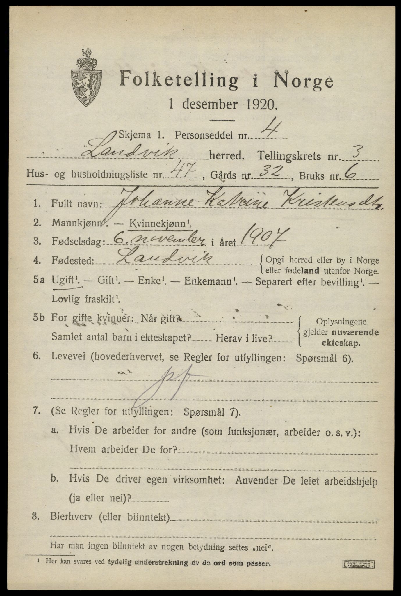 SAK, 1920 census for Landvik, 1920, p. 3348