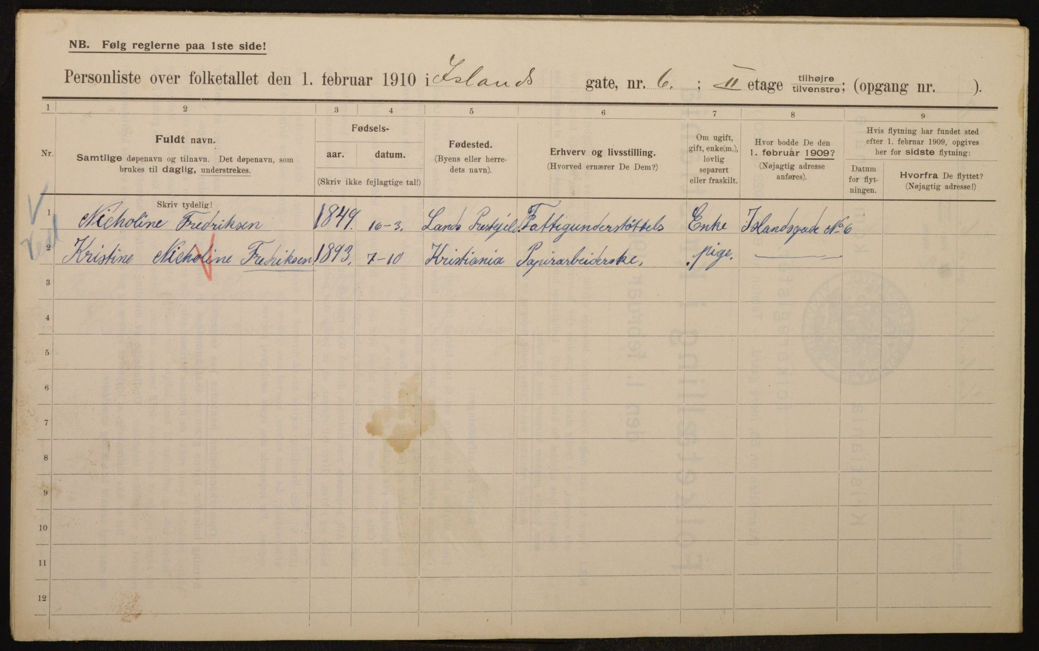 OBA, Municipal Census 1910 for Kristiania, 1910, p. 43416