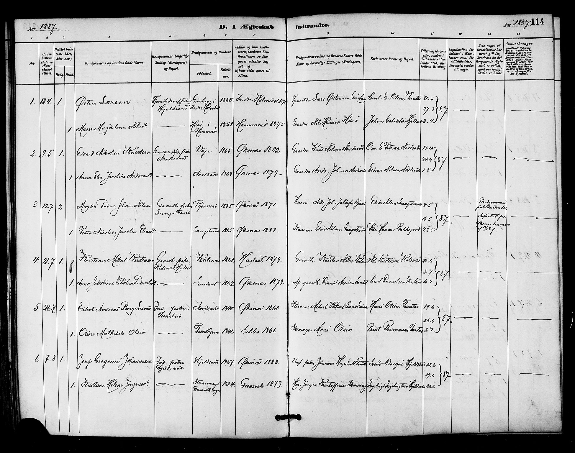 Ministerialprotokoller, klokkerbøker og fødselsregistre - Nordland, AV/SAT-A-1459/893/L1337: Parish register (official) no. 893A09, 1885-1893, p. 114