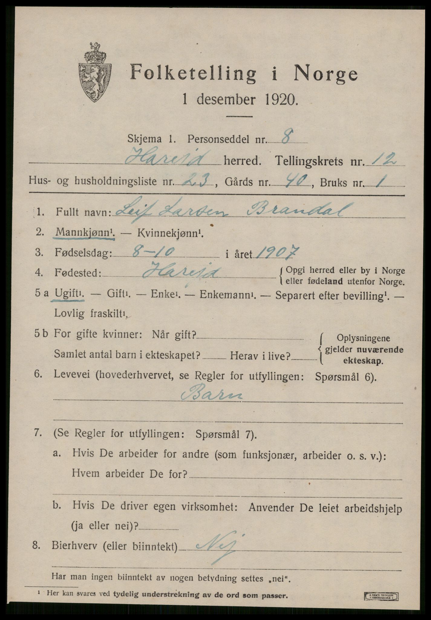 SAT, 1920 census for Hareid, 1920, p. 4917