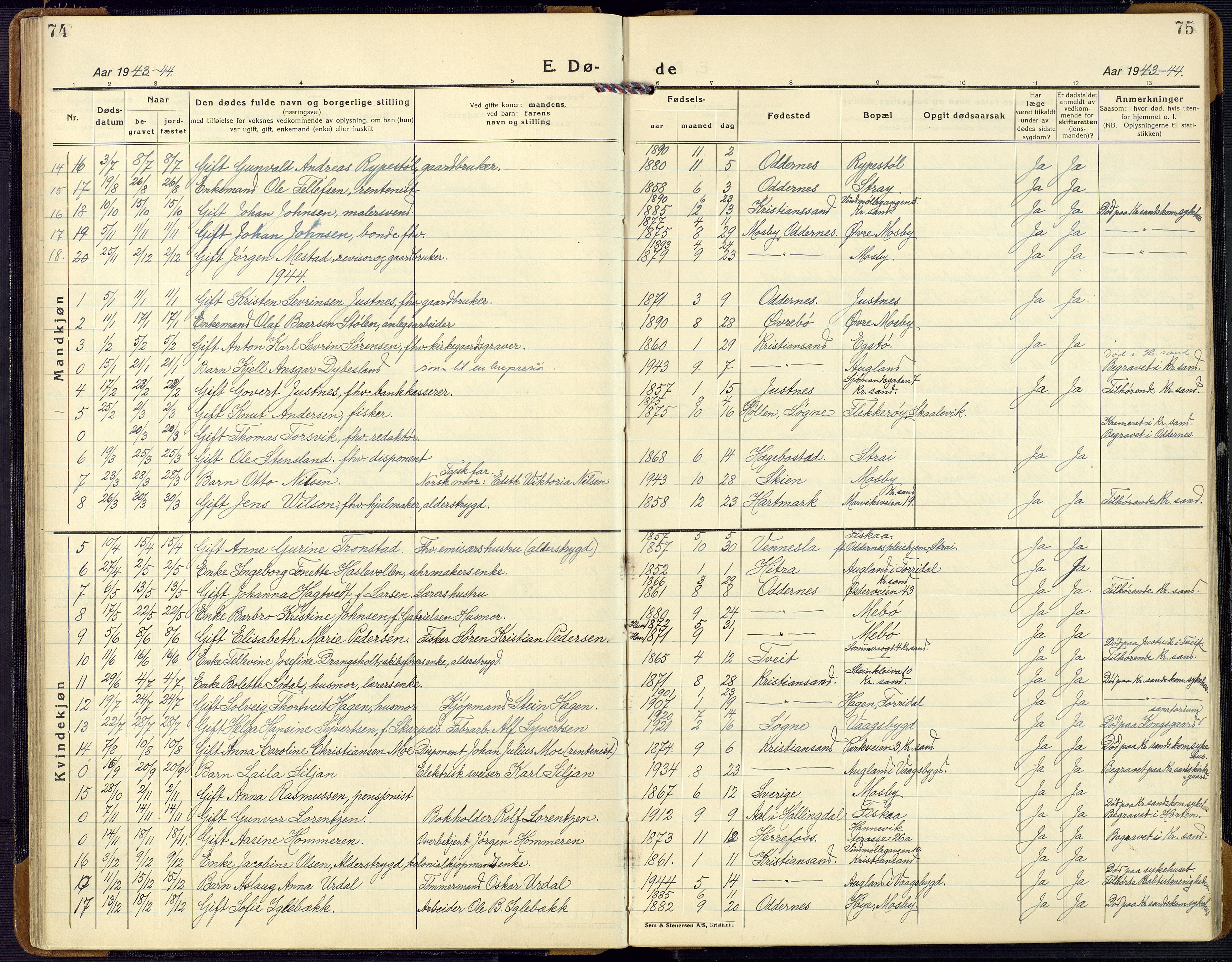 Oddernes sokneprestkontor, SAK/1111-0033/F/Fb/Fba/L0011: Parish register (copy) no. B 11, 1923-1969, p. 74-75