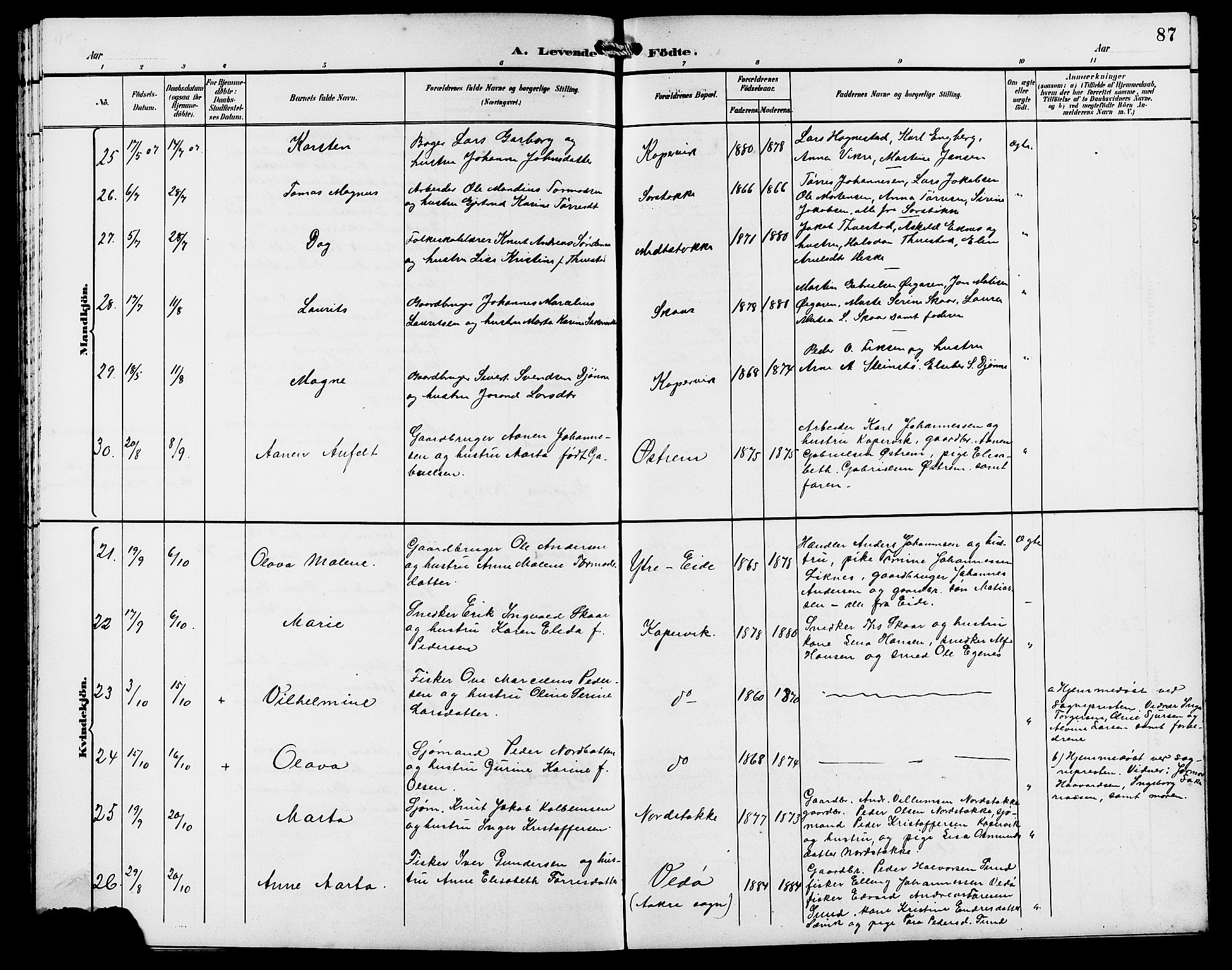 Kopervik sokneprestkontor, AV/SAST-A-101850/H/Ha/Hab/L0003: Parish register (copy) no. B 3, 1891-1909, p. 87