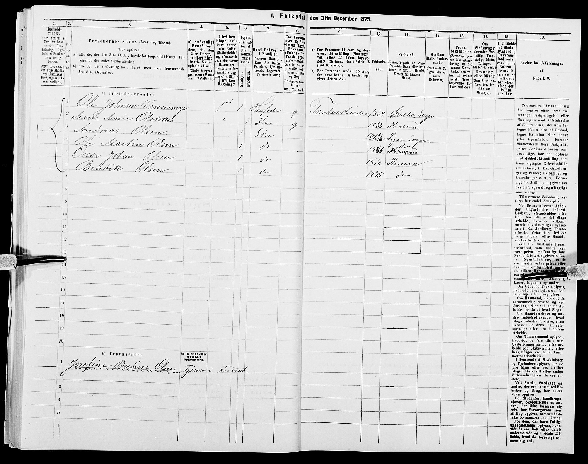 SAK, 1875 census for 1001P Kristiansand, 1875, p. 587