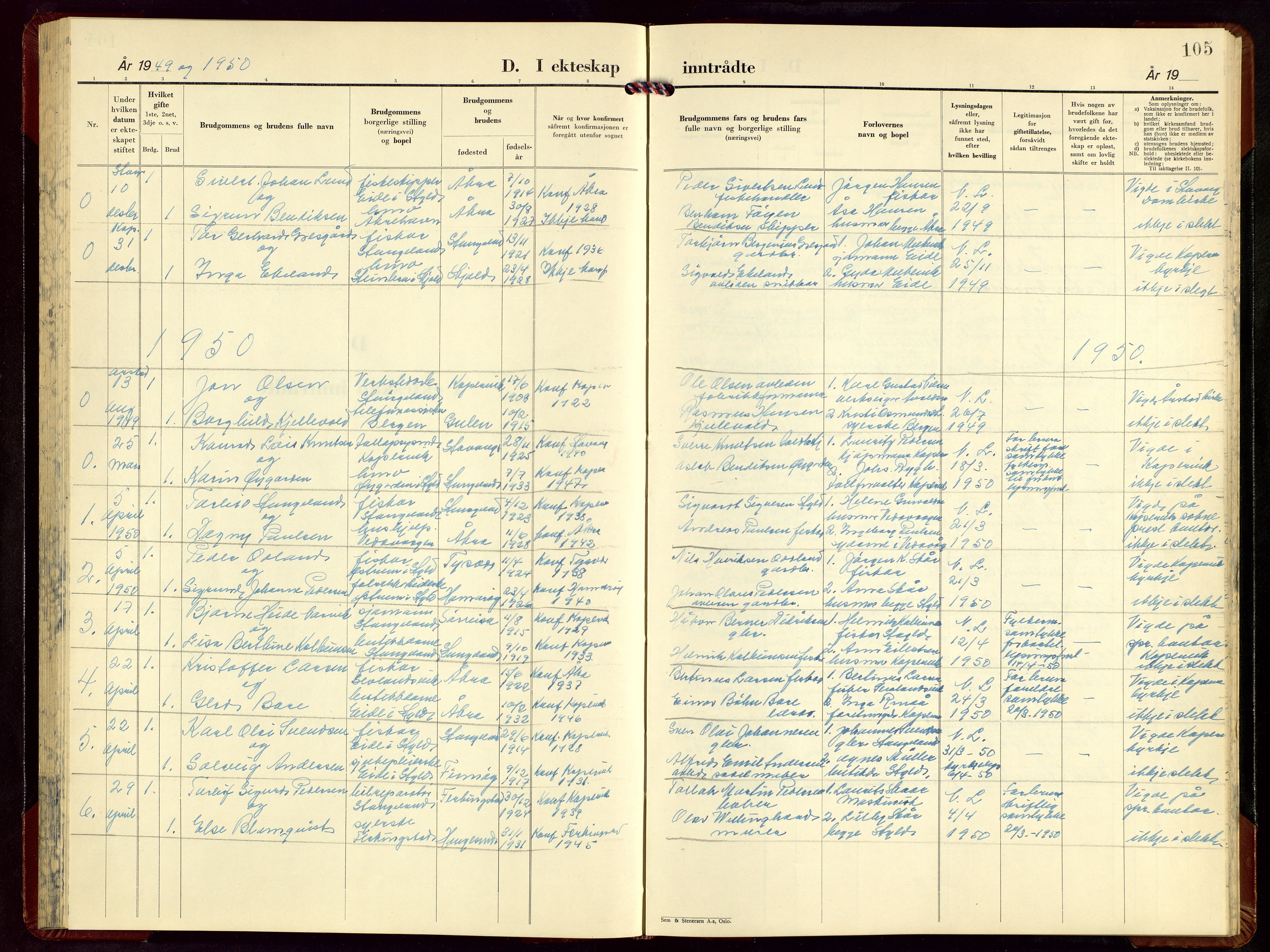 Kopervik sokneprestkontor, AV/SAST-A-101850/H/Ha/Hab/L0011: Parish register (copy) no. B 11, 1949-1964, p. 105