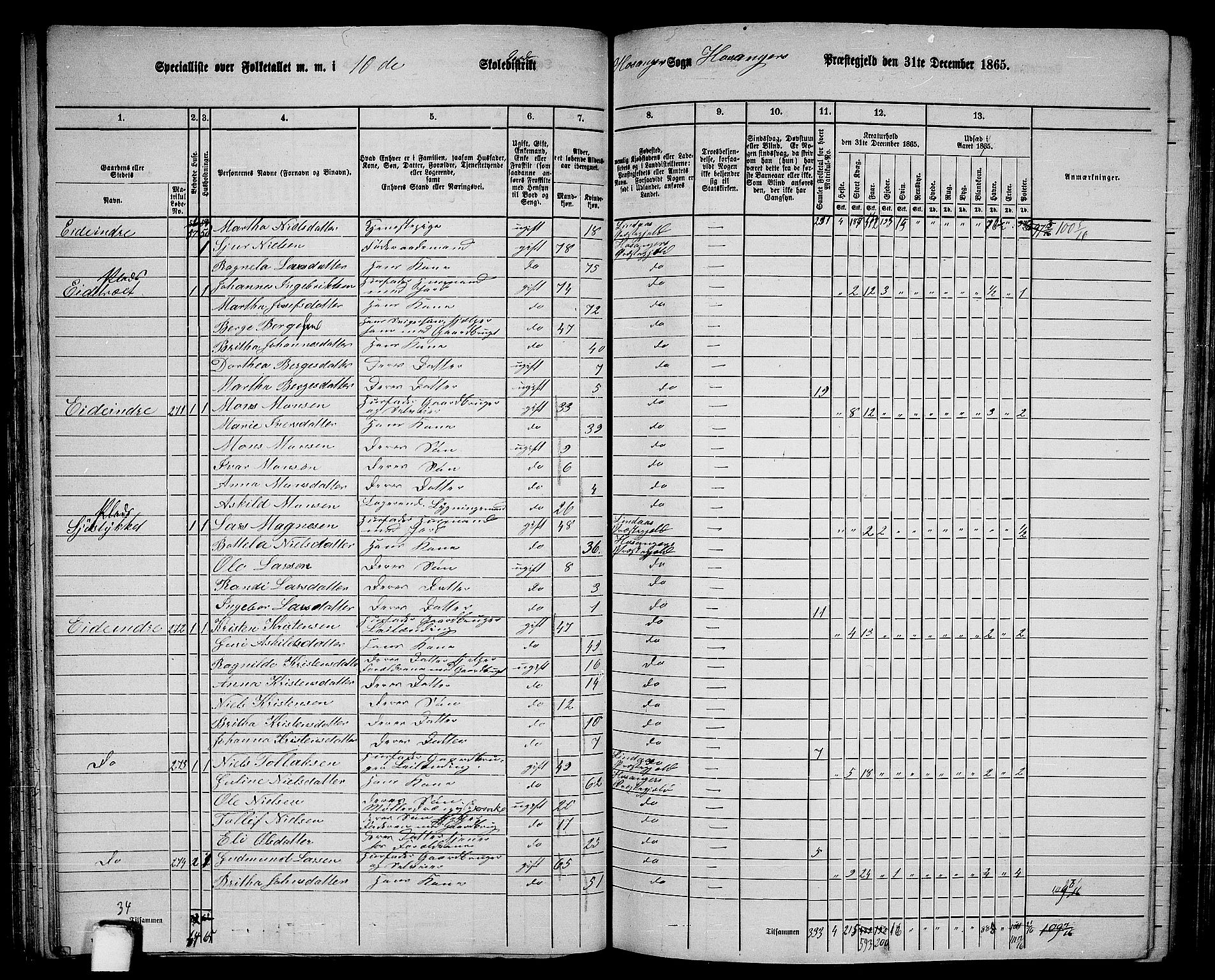 RA, 1865 census for Hosanger, 1865, p. 70