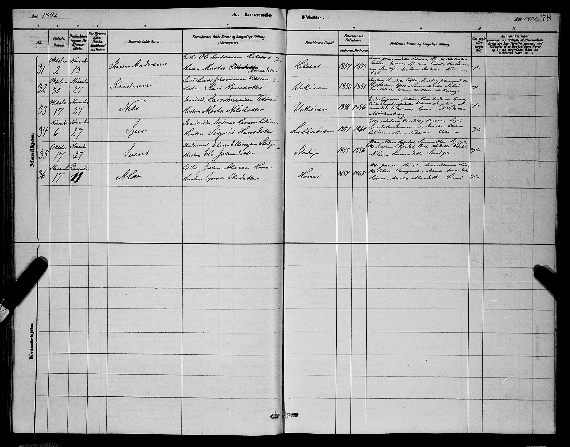 Vik sokneprestembete, SAB/A-81501: Parish register (copy) no. A 3, 1878-1894, p. 78