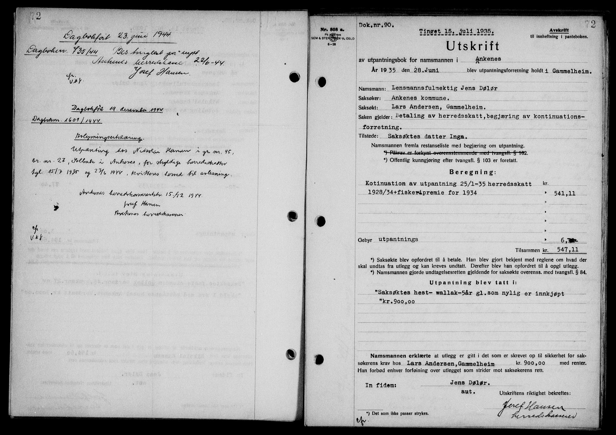 Steigen og Ofoten sorenskriveri, AV/SAT-A-0030/1/2/2C/L0026: Mortgage book no. 30, 1935-1936, Deed date: 15.07.1935