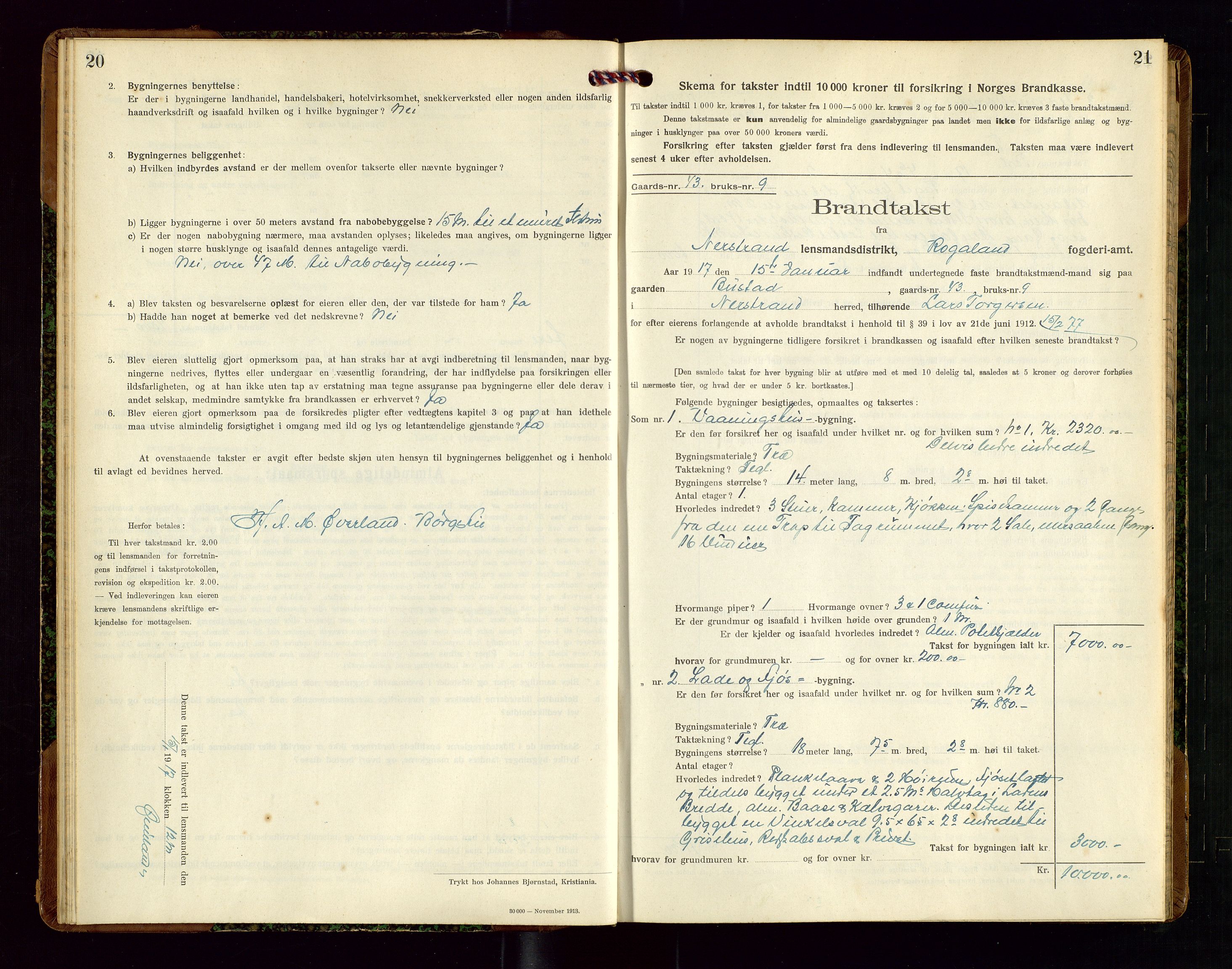 Nedstrand lensmannskontor, SAST/A-100236/Gob/L0002: "Brandtakstprotokol for Nerstrand lensmandsdistrikt Rogaland Fylke", 1916-1949, p. 20-21