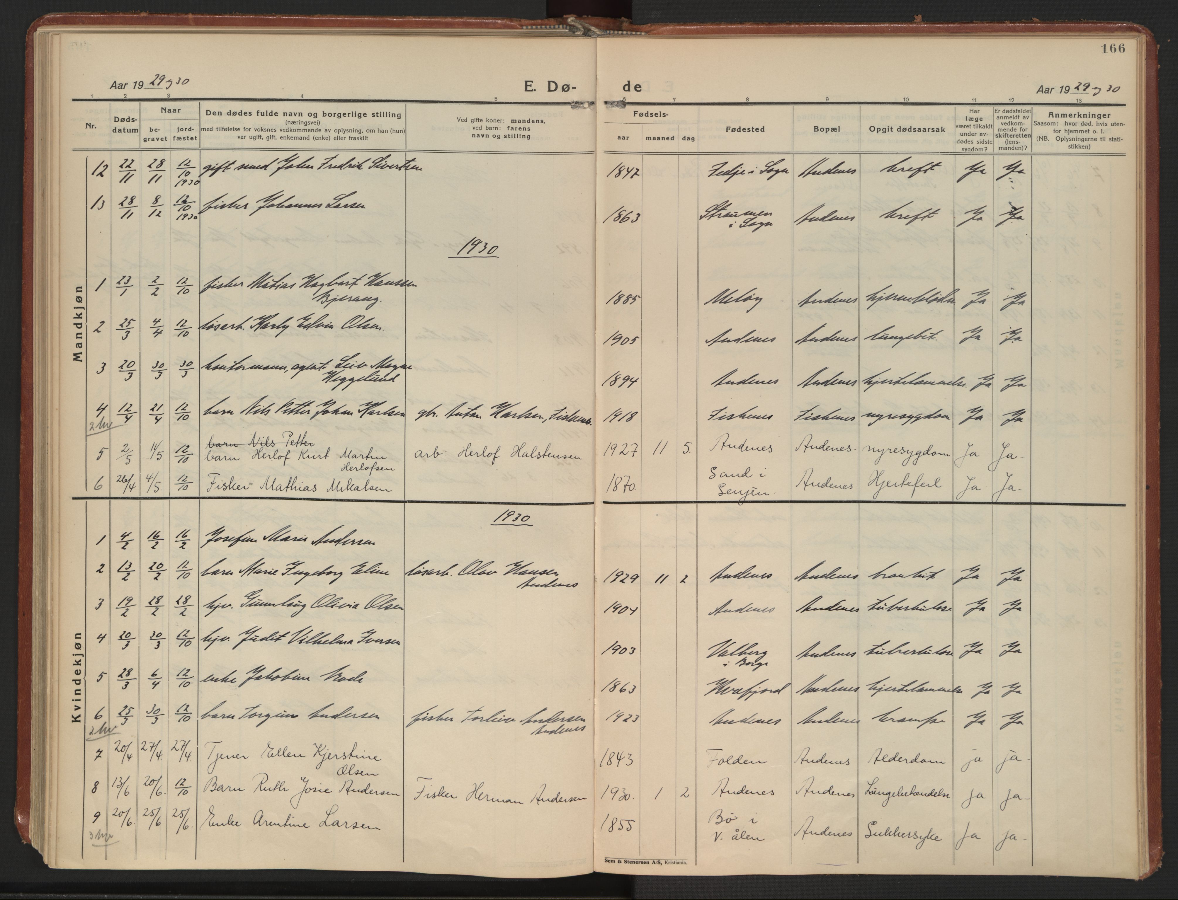 Ministerialprotokoller, klokkerbøker og fødselsregistre - Nordland, SAT/A-1459/899/L1441: Parish register (official) no. 899A09, 1923-1939, p. 166