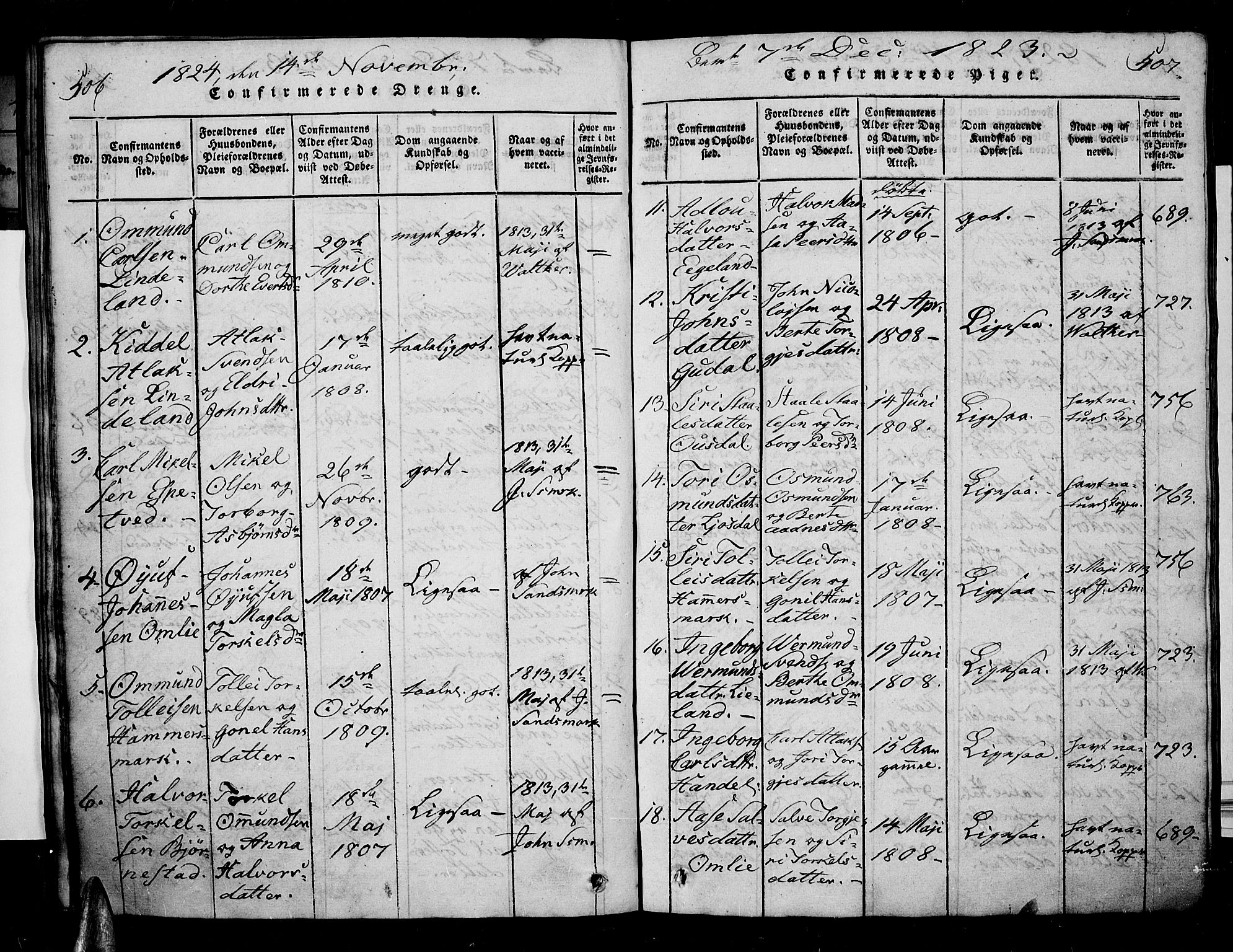 Sirdal sokneprestkontor, SAK/1111-0036/F/Fa/Fab/L0001: Parish register (official) no. A 1, 1815-1834, p. 506-507