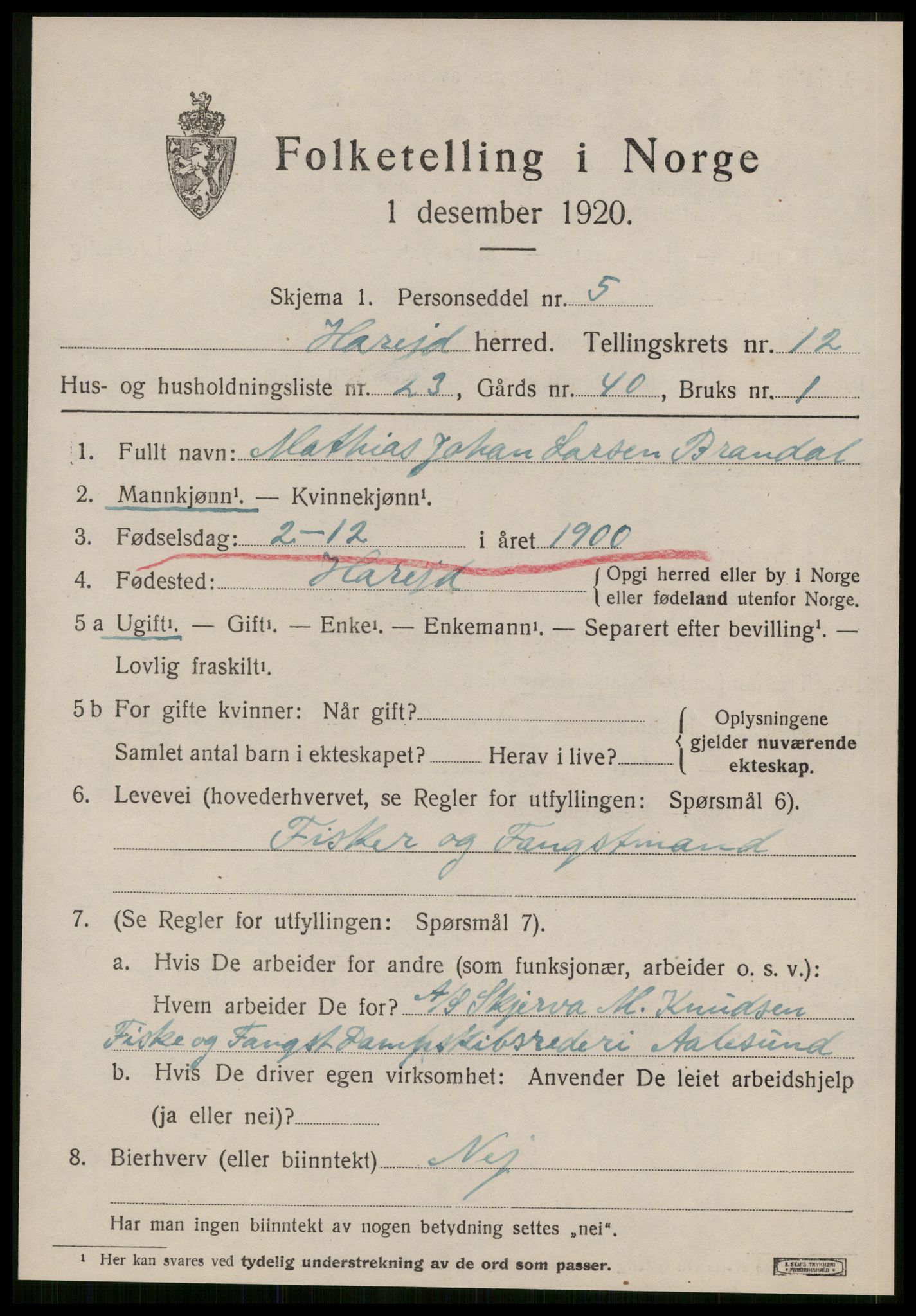 SAT, 1920 census for Hareid, 1920, p. 4911