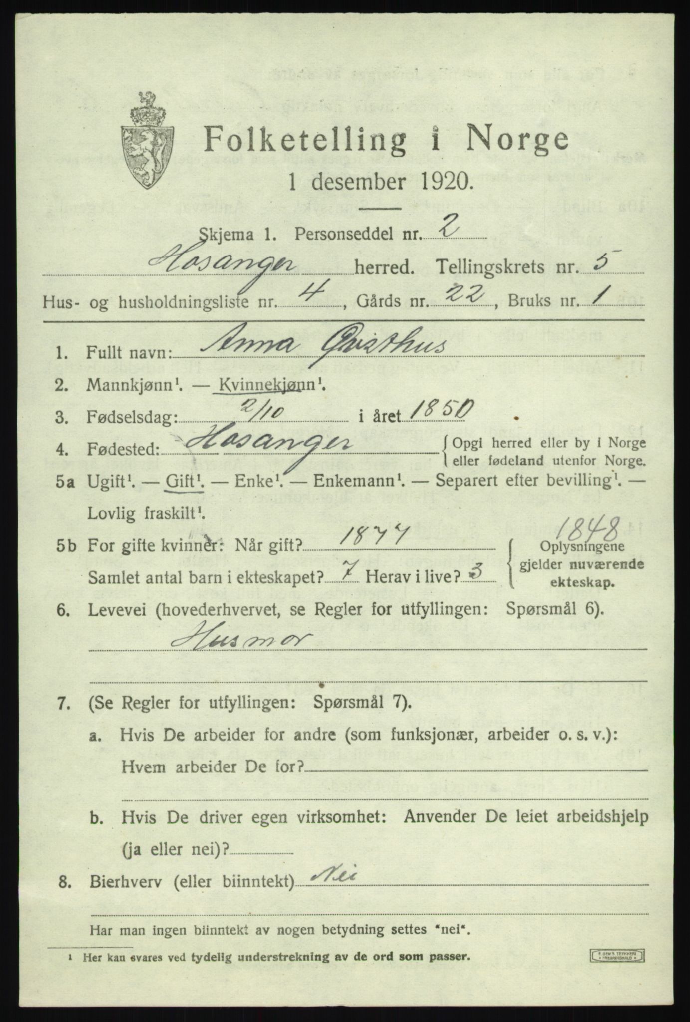 SAB, 1920 census for Hosanger, 1920, p. 2367