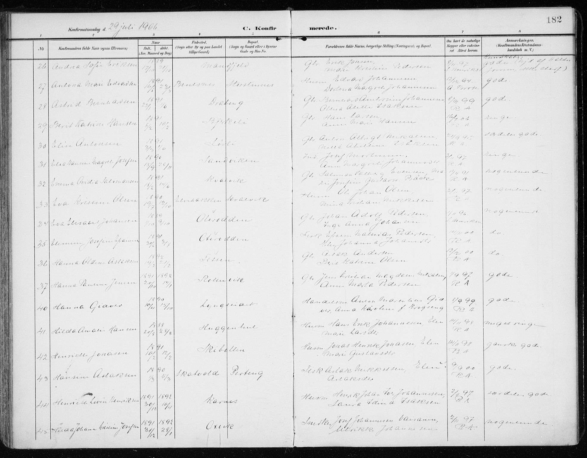 Lyngen sokneprestembete, AV/SATØ-S-1289/H/He/Hea/L0011kirke: Parish register (official) no. 11, 1903-1913, p. 182