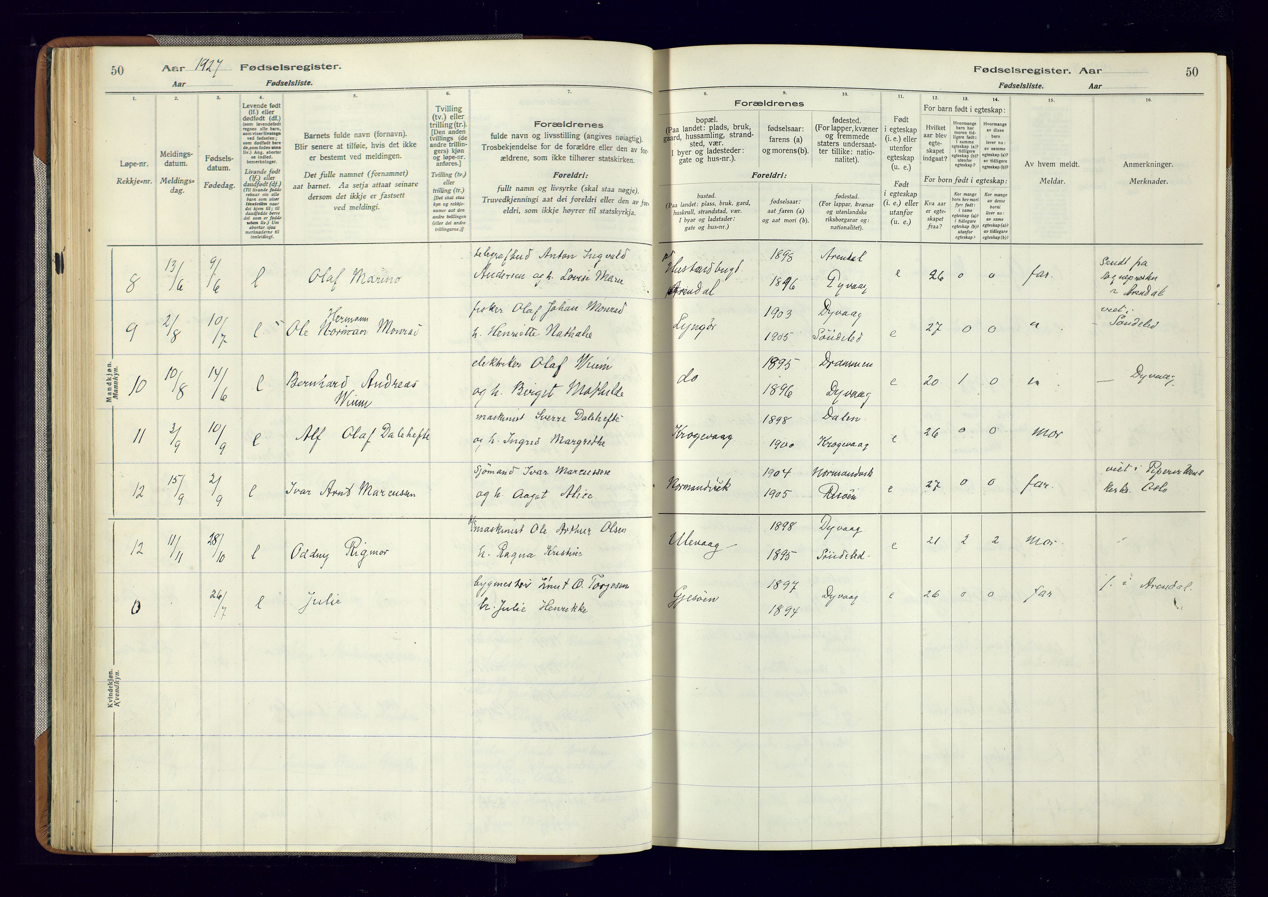 Dypvåg sokneprestkontor, AV/SAK-1111-0007/J/Ja/L0001: Birth register no. II.4.3, 1916-1975, p. 50