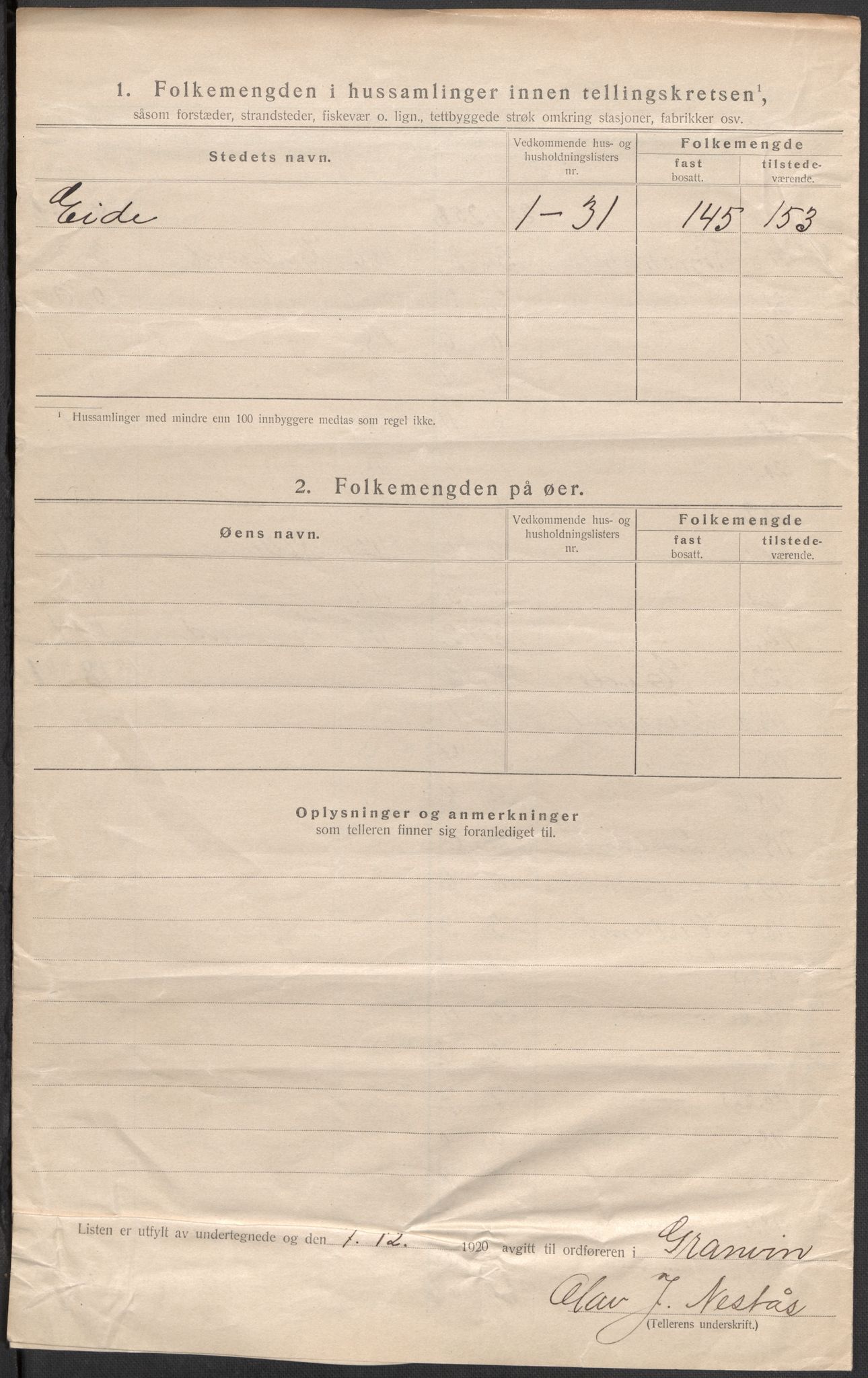 SAB, 1920 census for Granvin, 1920, p. 16