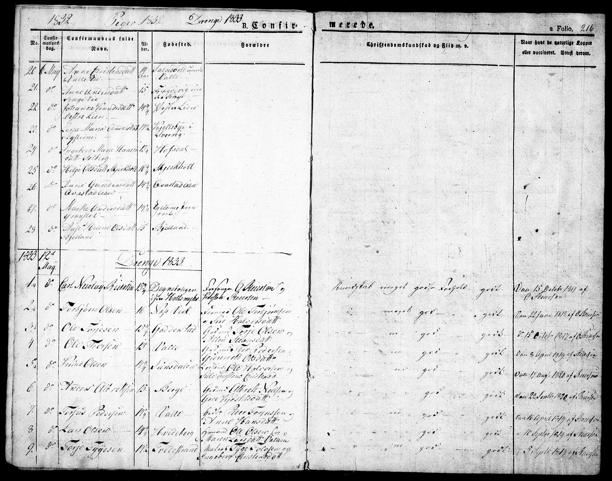 Holt sokneprestkontor, AV/SAK-1111-0021/F/Fa/L0006: Parish register (official) no. A 6, 1820-1835, p. 216