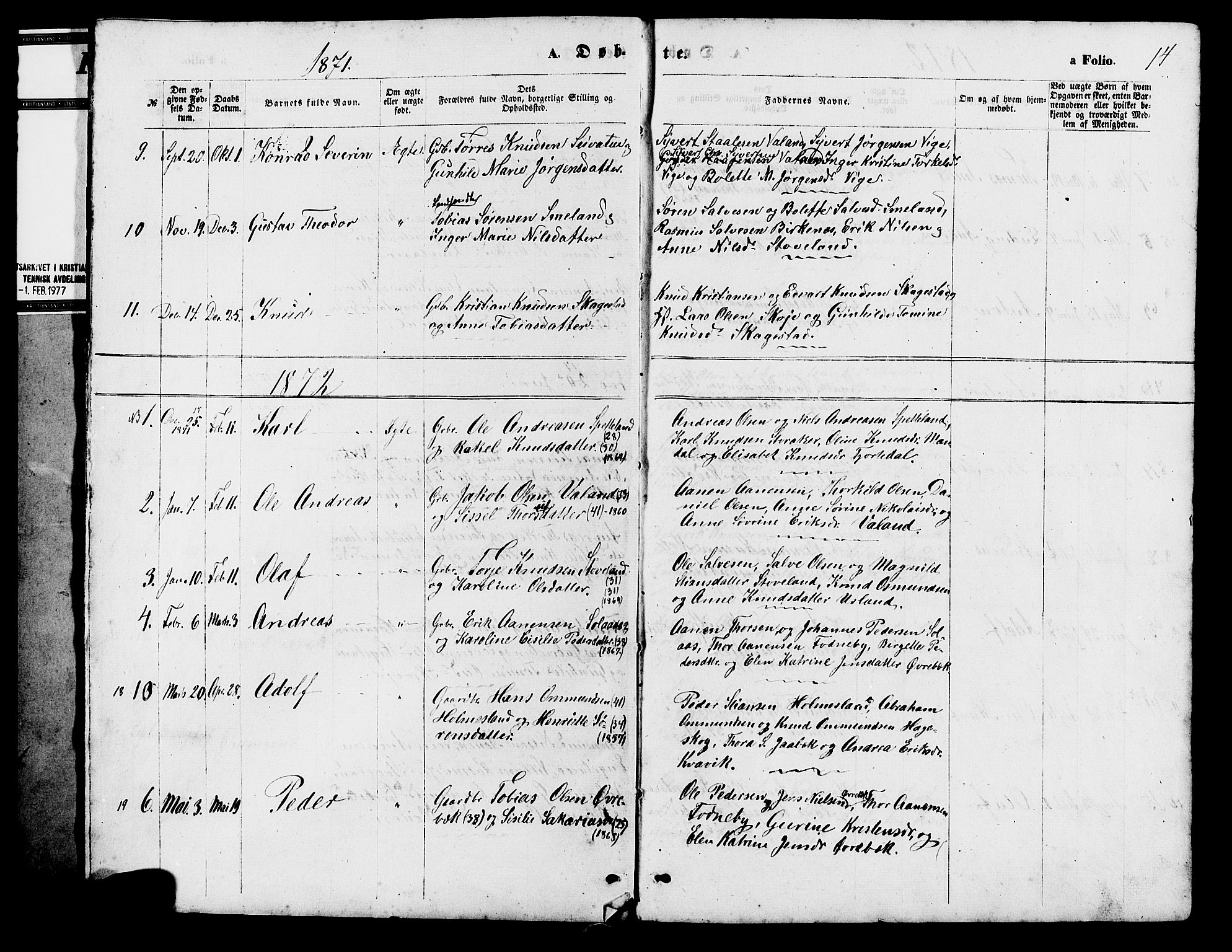 Holum sokneprestkontor, SAK/1111-0022/F/Fb/Fba/L0004: Parish register (copy) no. B 4, 1867-1890, p. 14