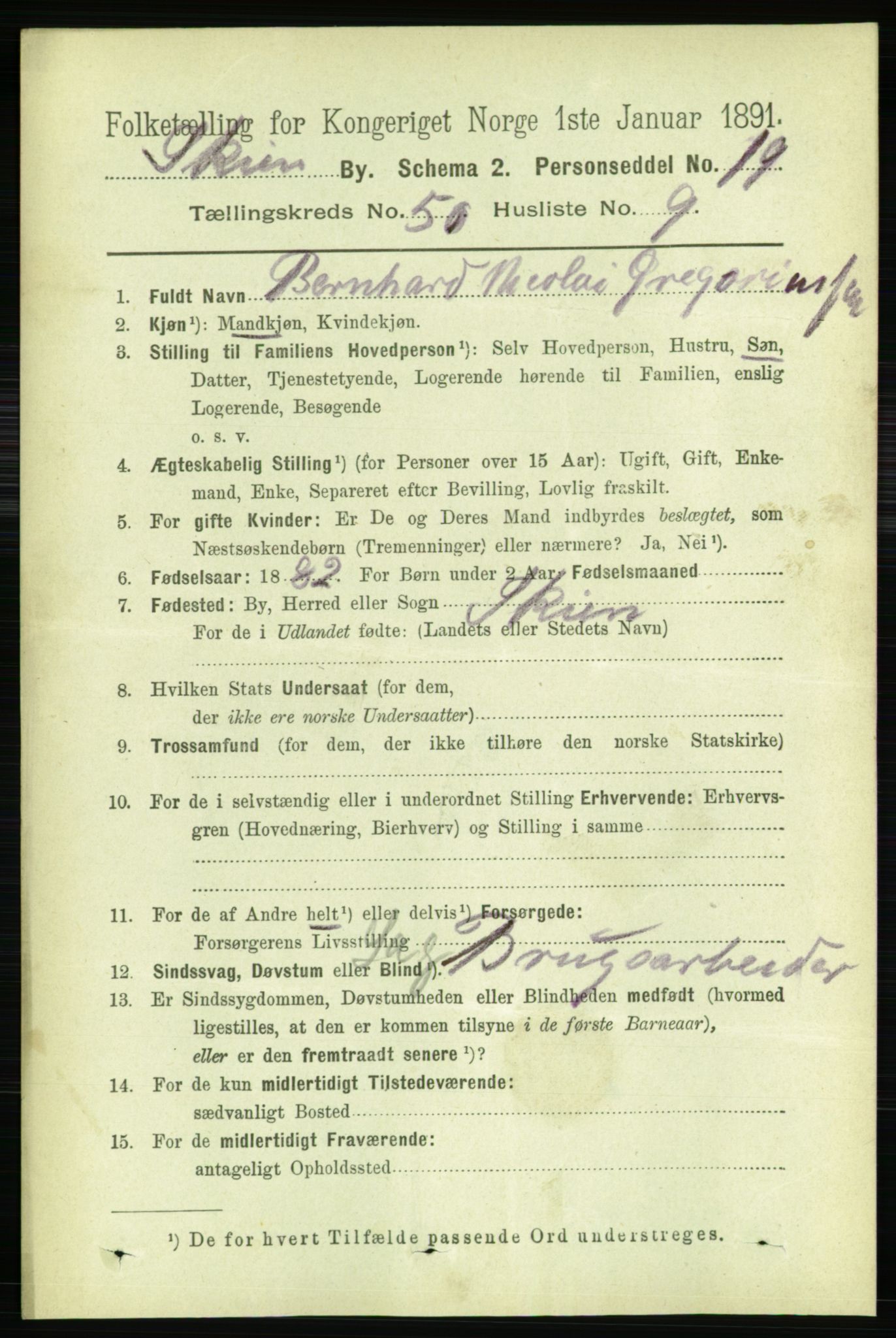 RA, 1891 census for 0806 Skien, 1891, p. 10847