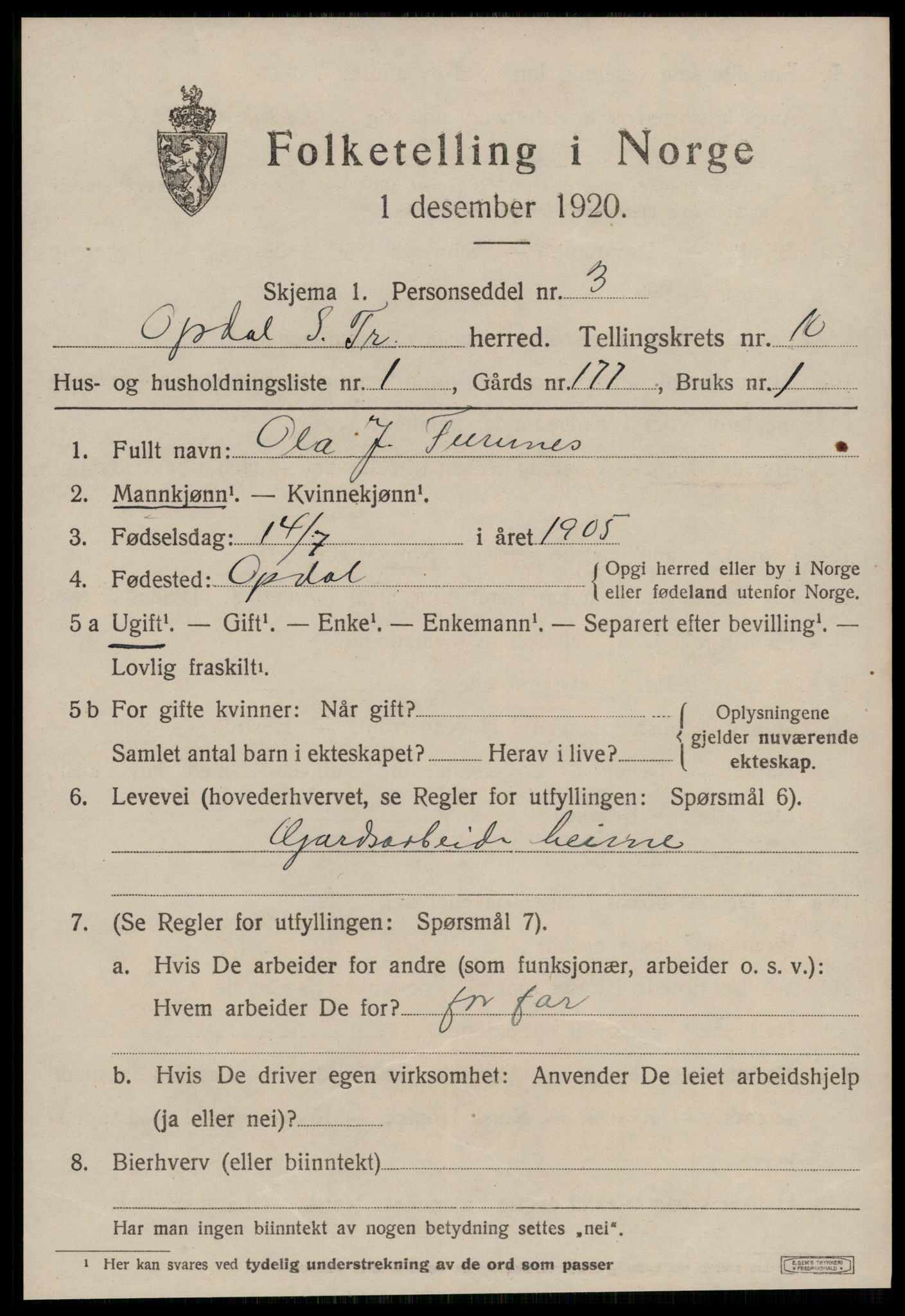 SAT, 1920 census for Oppdal, 1920, p. 8153