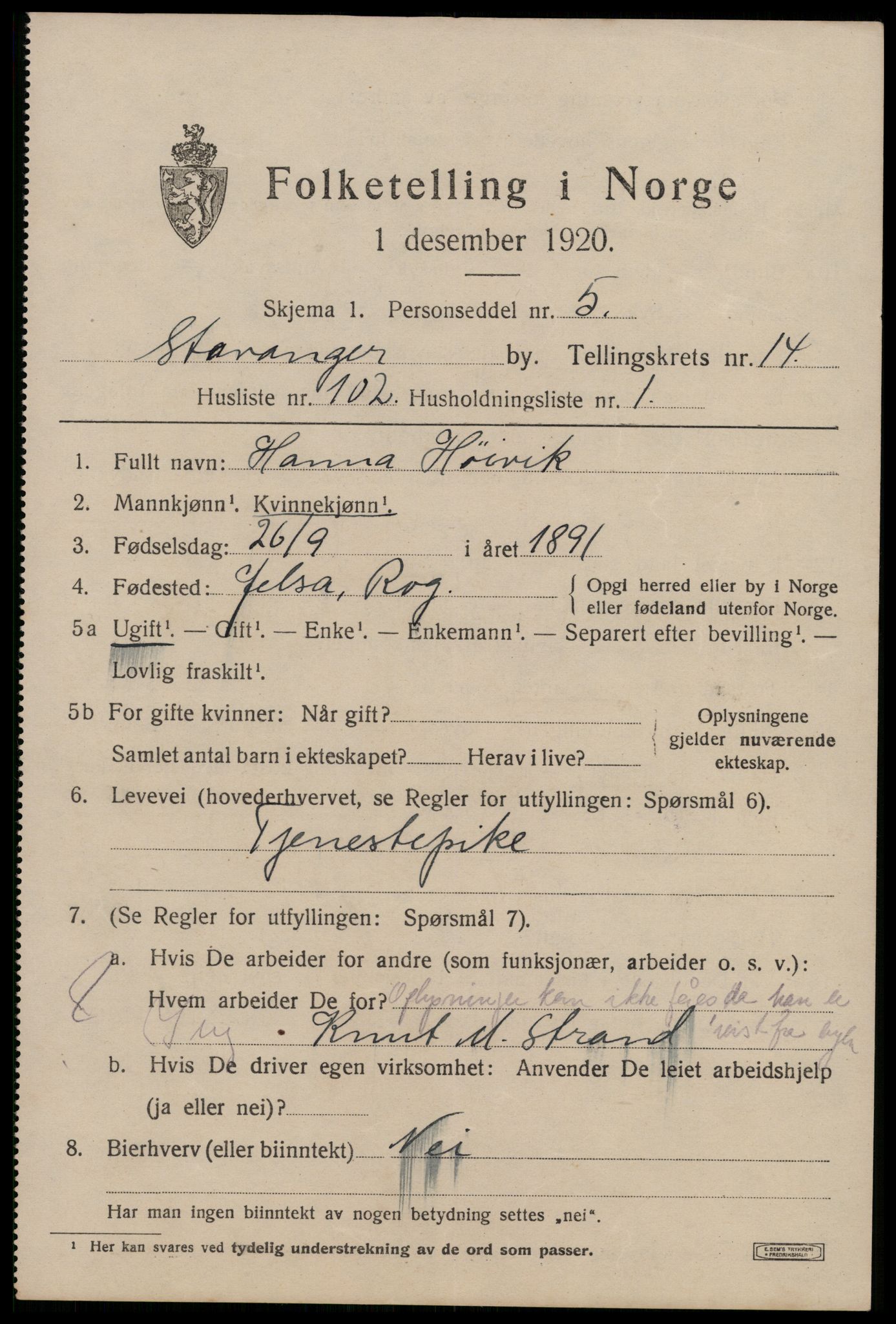 SAST, 1920 census for Stavanger, 1920, p. 61420