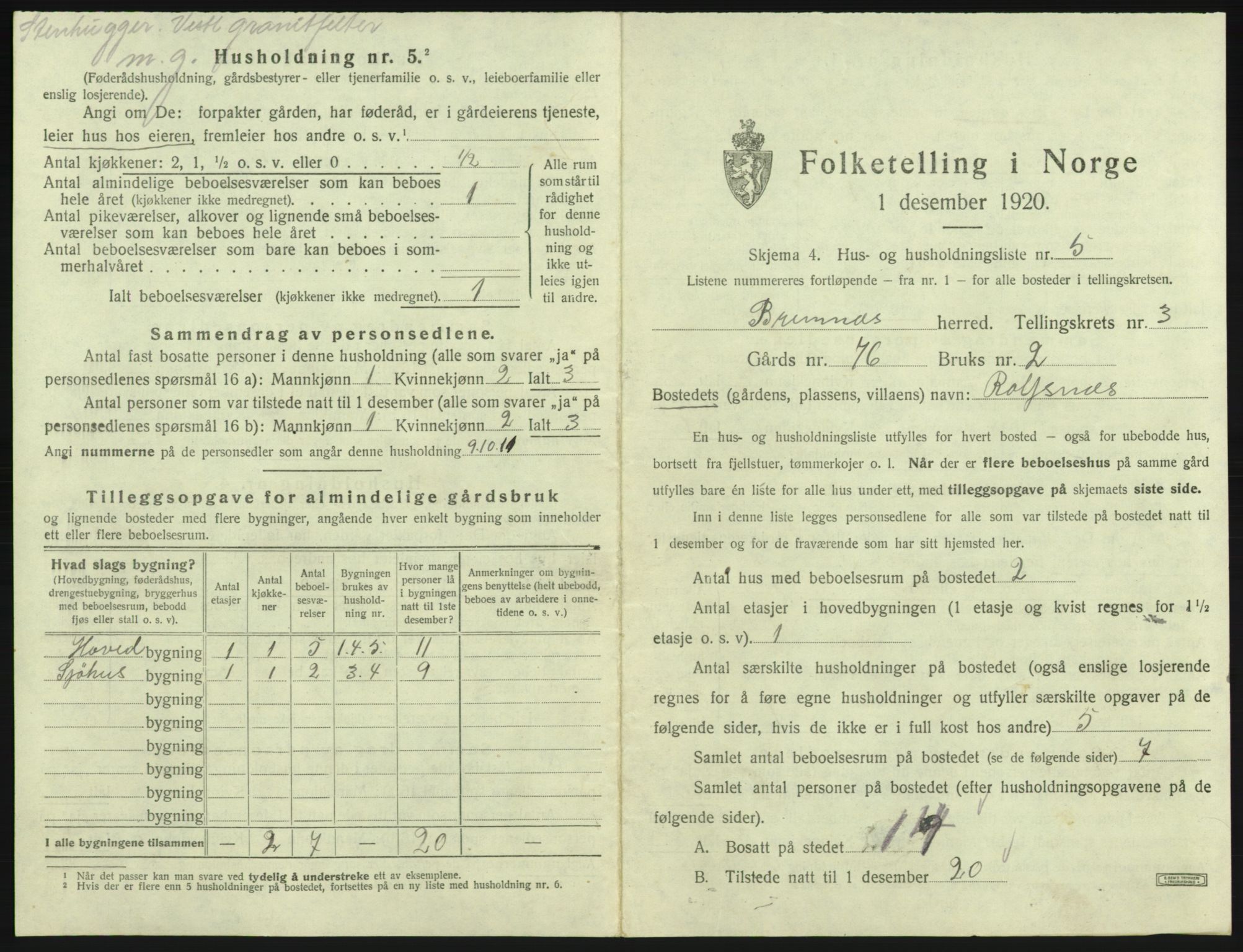 SAB, 1920 census for Bremnes, 1920, p. 127