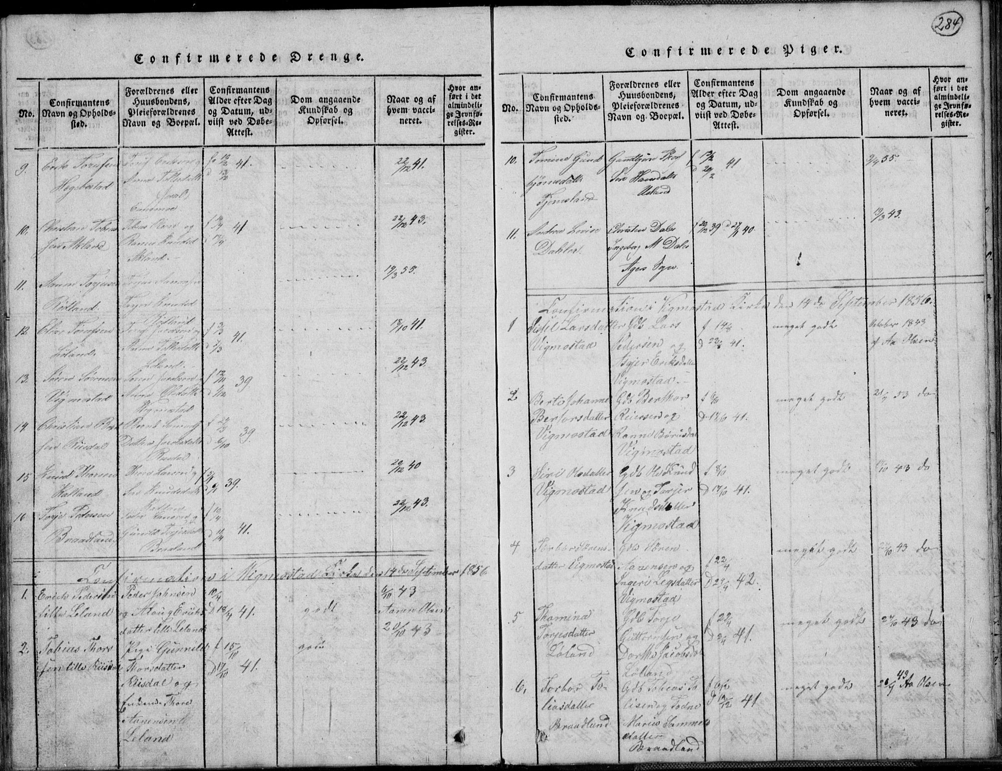 Nord-Audnedal sokneprestkontor, SAK/1111-0032/F/Fb/Fbb/L0001: Parish register (copy) no. B 1, 1816-1858, p. 284