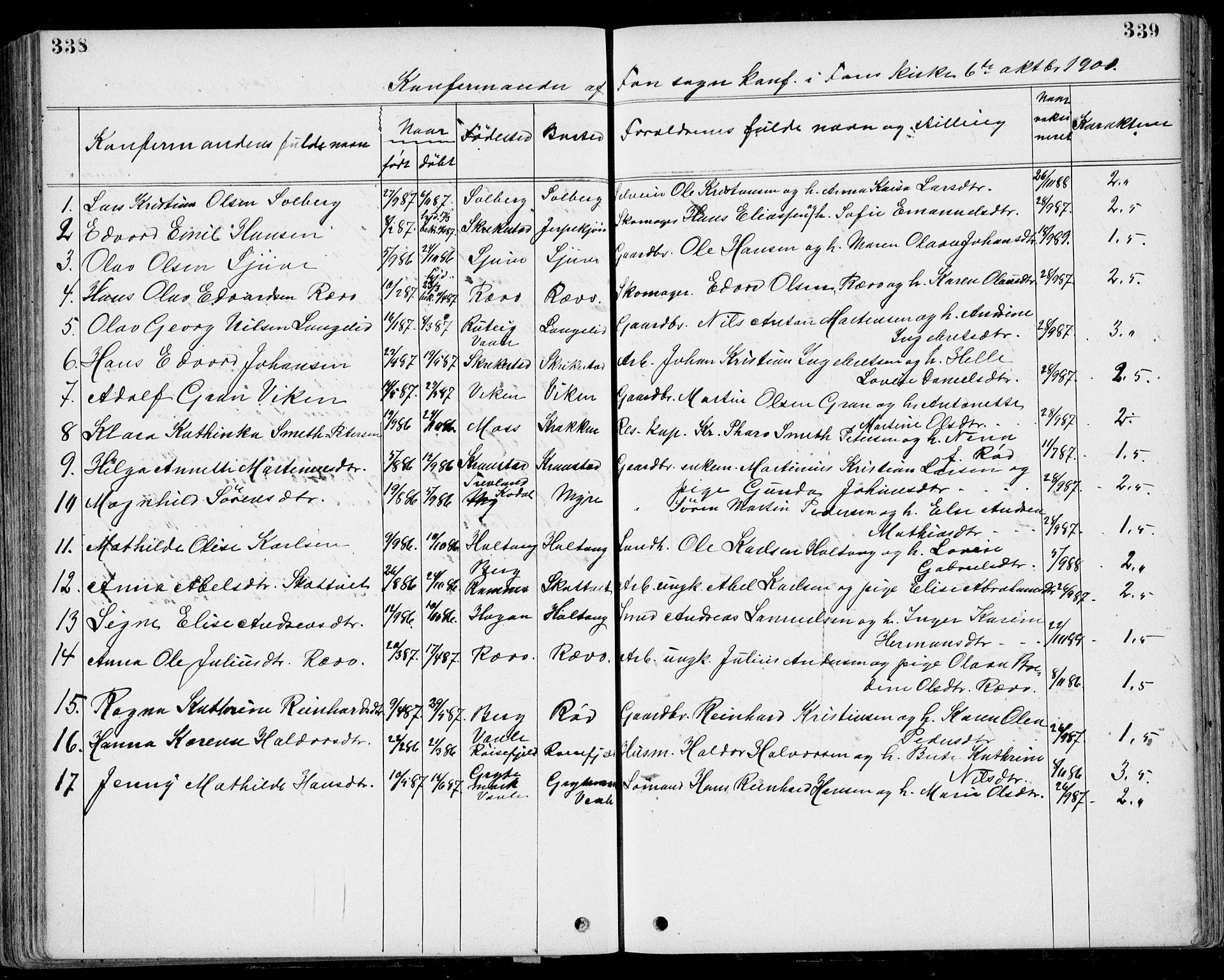 Ramnes kirkebøker, SAKO/A-314/G/Gb/L0001: Parish register (copy) no. II 1, 1869-1904, p. 338-339