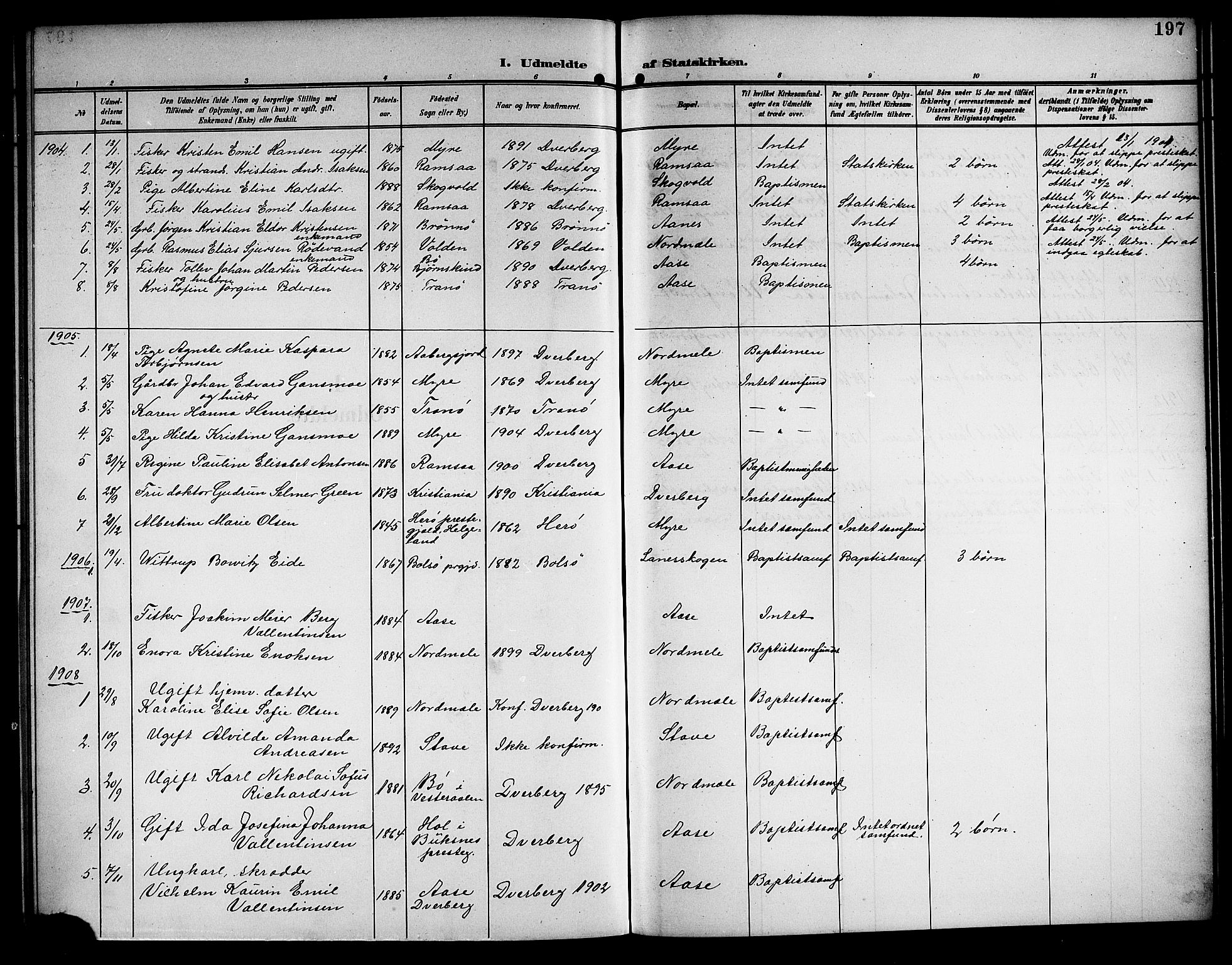Ministerialprotokoller, klokkerbøker og fødselsregistre - Nordland, SAT/A-1459/897/L1414: Parish register (copy) no. 897C04, 1904-1915, p. 197